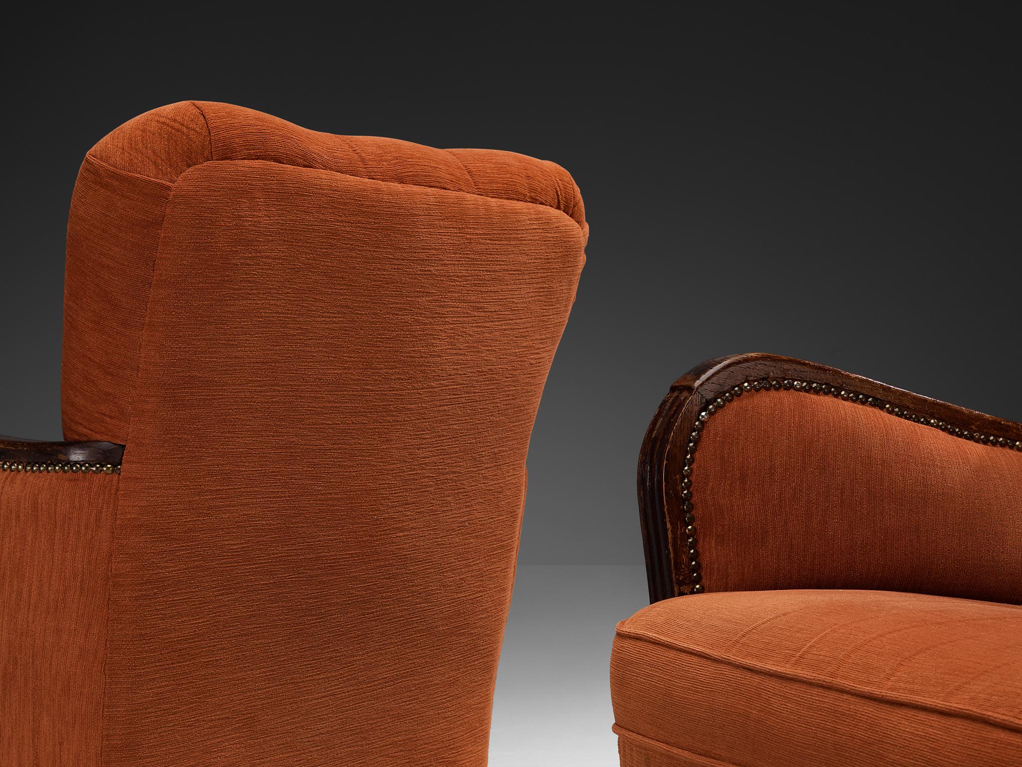 Pair of Art Deco Lounge Chairs in Burnt Orange Colored Fabric For Sale 5