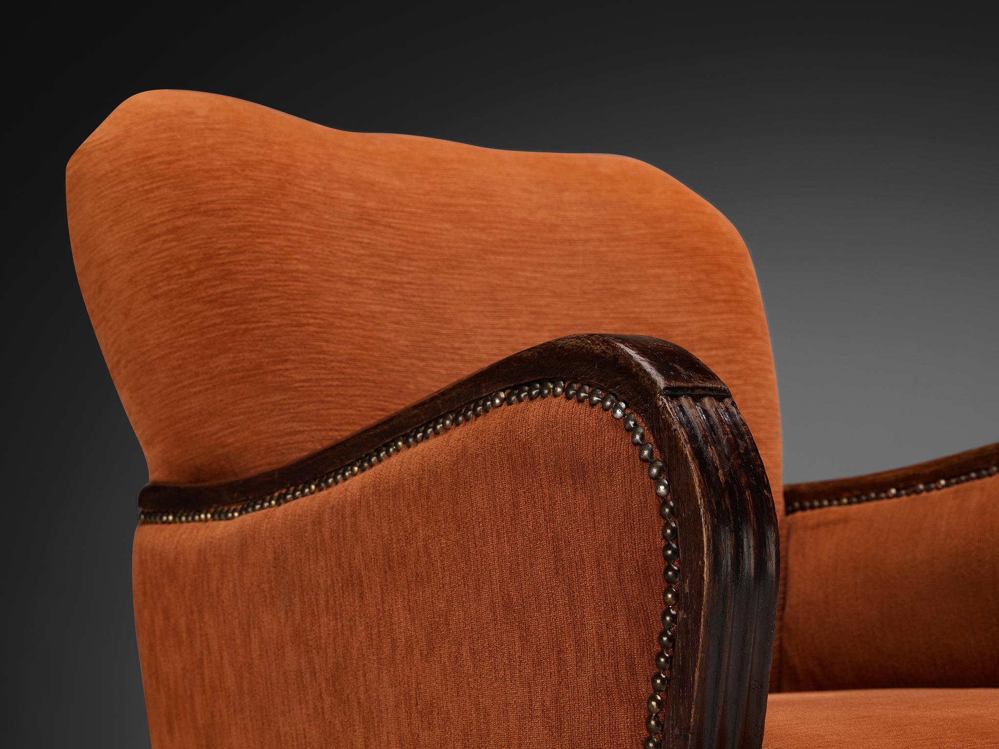 European Pair of Art Deco Lounge Chairs in Burnt Orange Colored Fabric For Sale