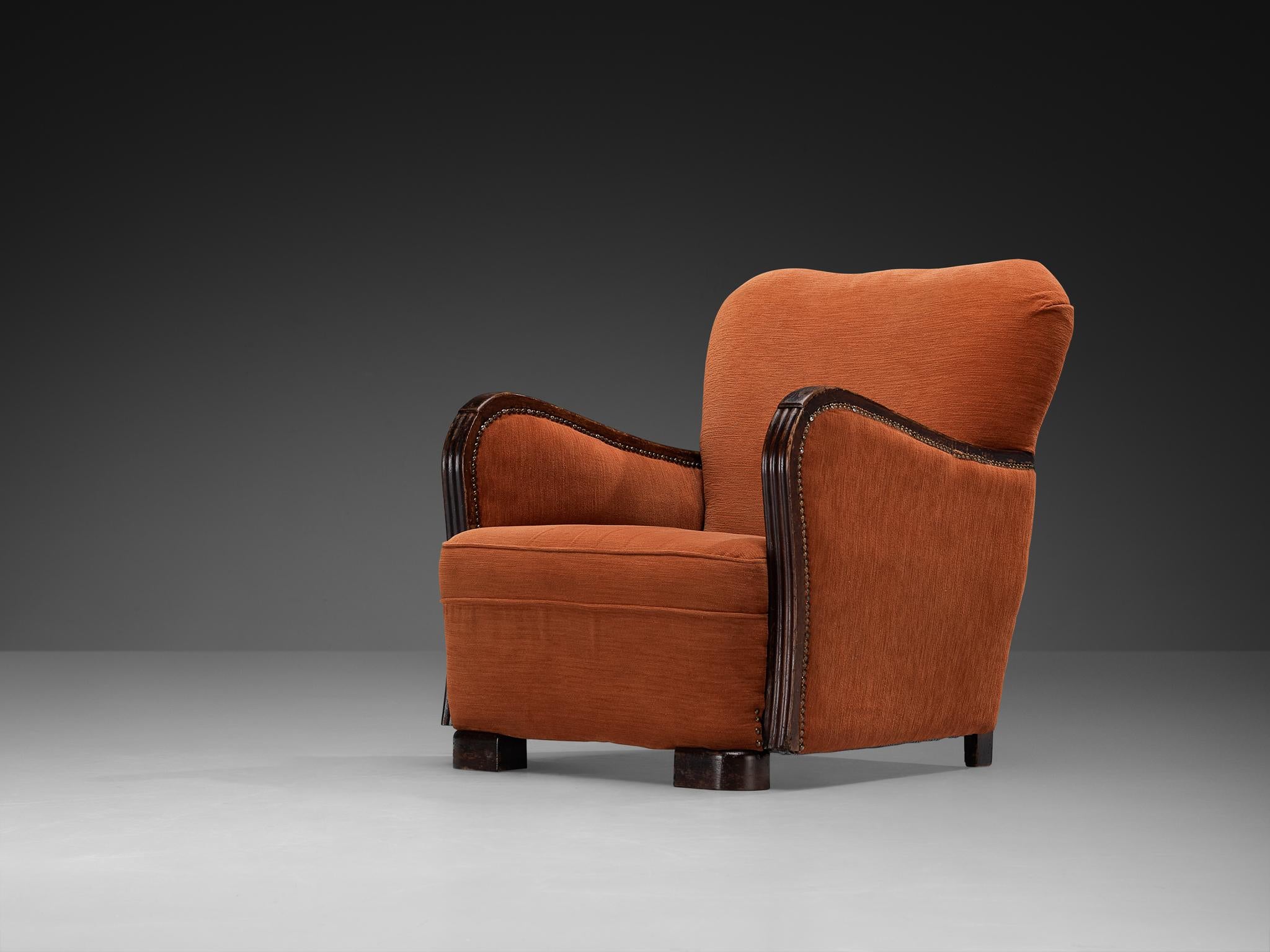 Mid-20th Century Pair of Art Deco Lounge Chairs in Burnt Orange Colored Fabric For Sale