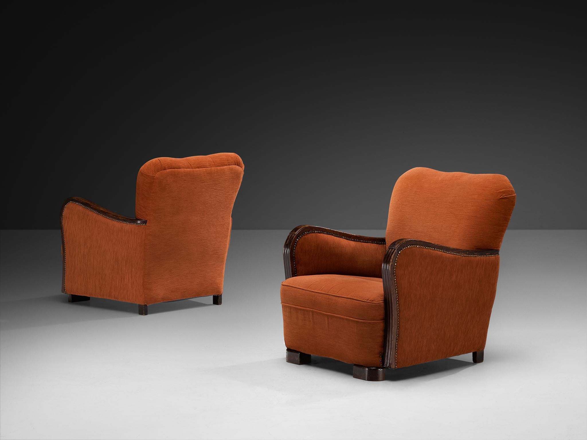 Brass Pair of Art Deco Lounge Chairs in Burnt Orange Colored Fabric For Sale