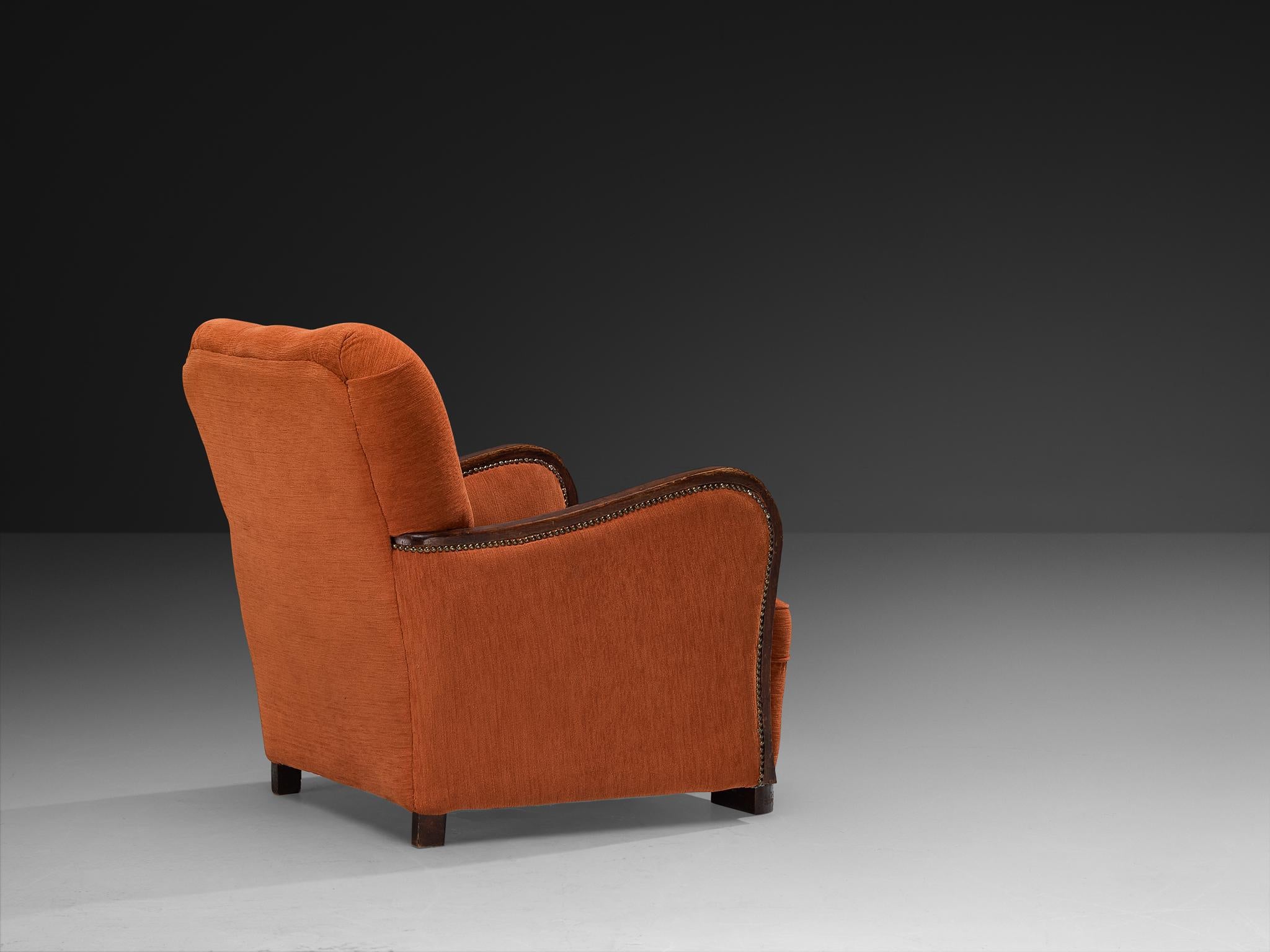Pair of Art Deco Lounge Chairs in Burnt Orange Colored Fabric For Sale 1