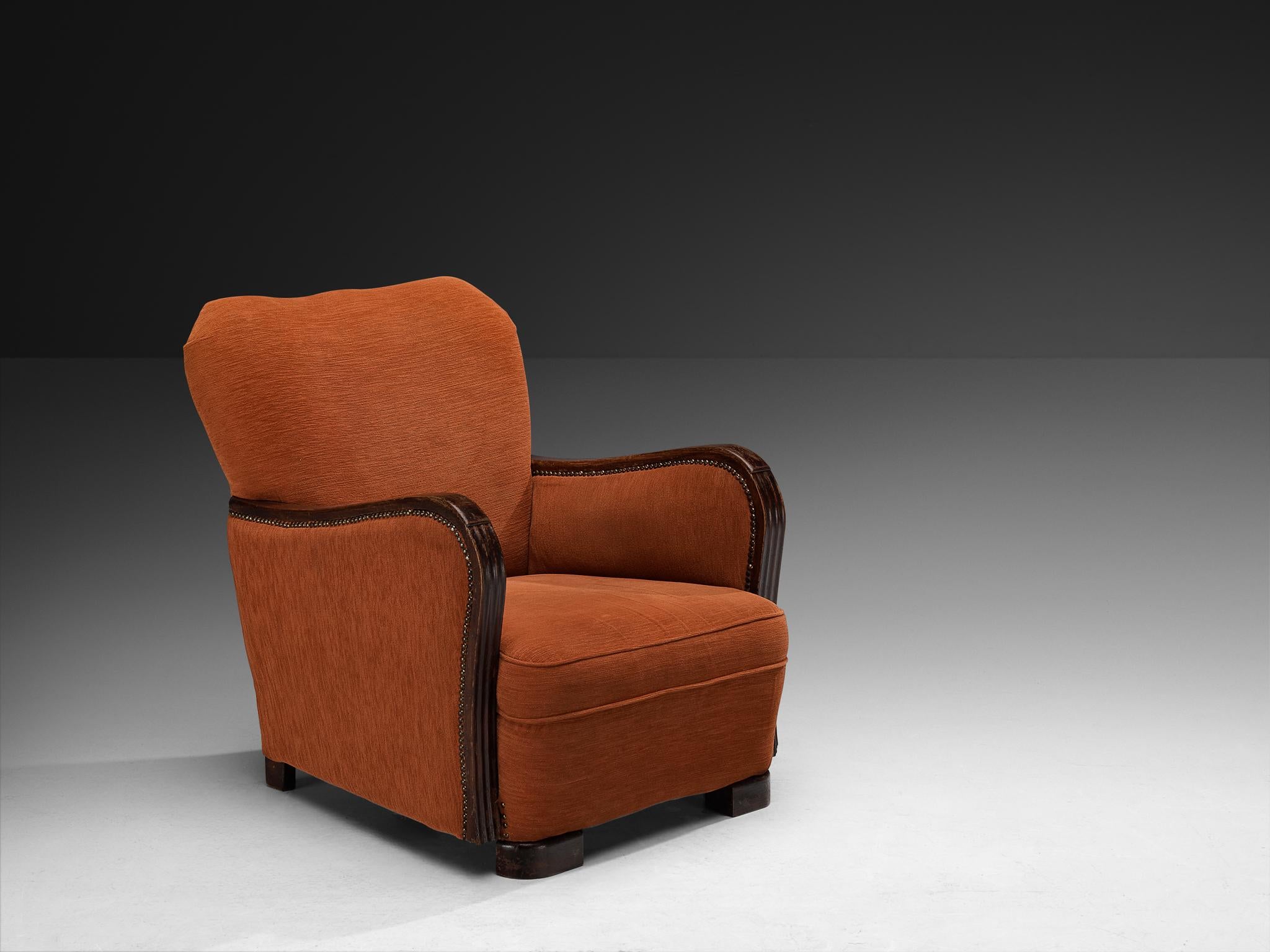 Pair of Art Deco Lounge Chairs in Burnt Orange Colored Fabric For Sale 2