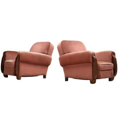 Pair of Art Deco Lounge Chairs in Dusty Rose Velvet and Walnut Wood