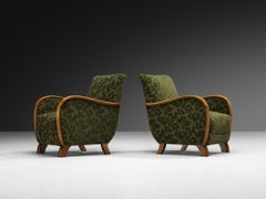 Pair of Art Deco Lounge Chairs in Green Floral Fabric and Walnut Wood