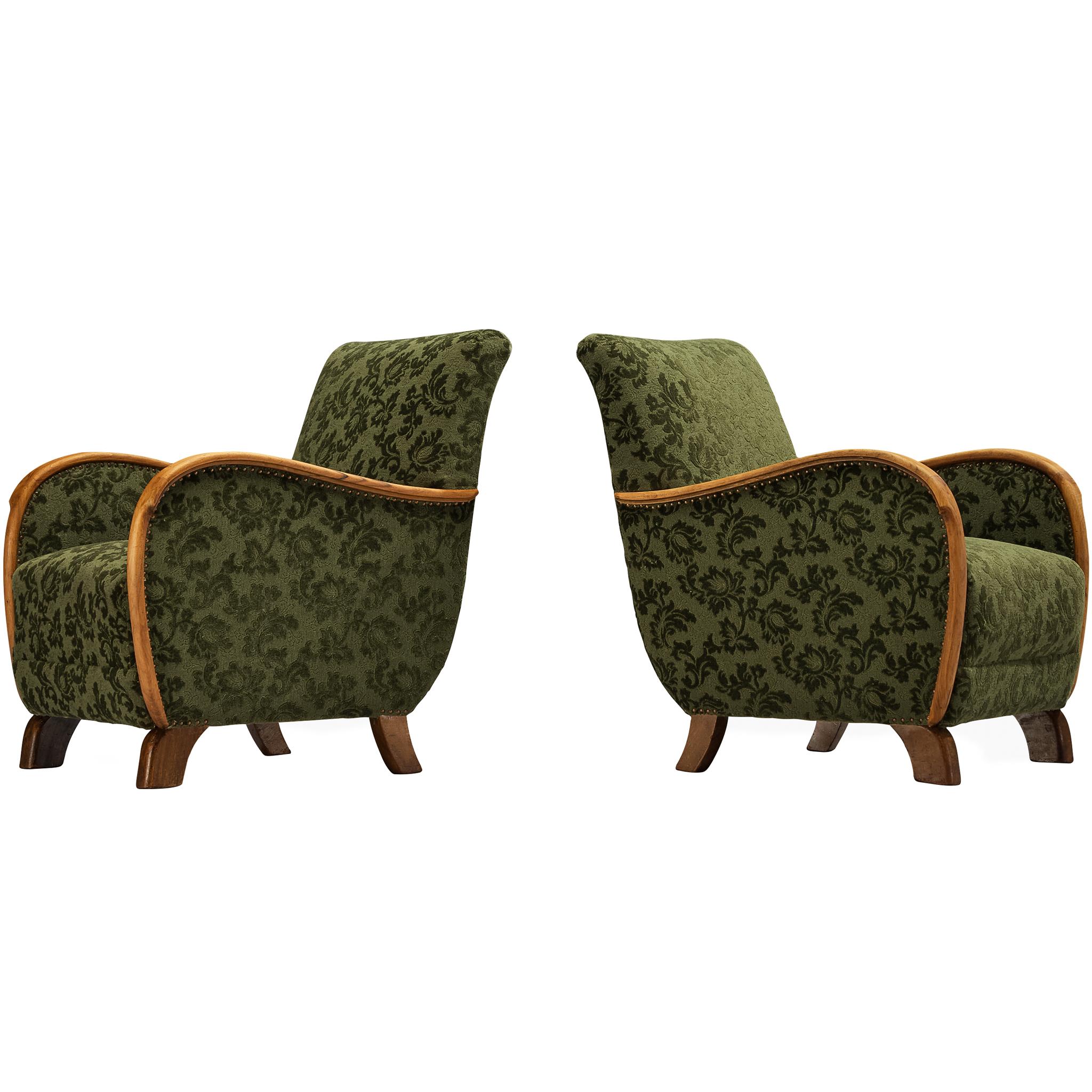 Pair of Art Deco Lounge Chairs in Green Floral Fabric and Walnut Wood