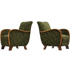 Pair of Art Deco Lounge Chairs in Green Floral Fabric and Walnut Wood