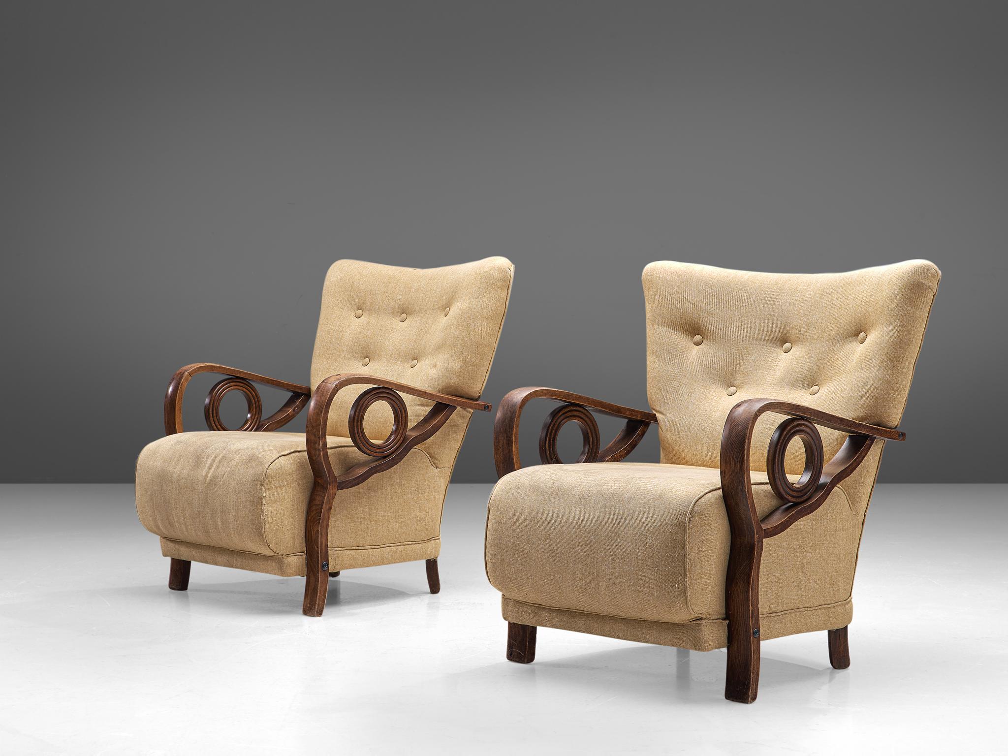 French Pair of Art Deco Lounge Chairs in Oak and Fabric