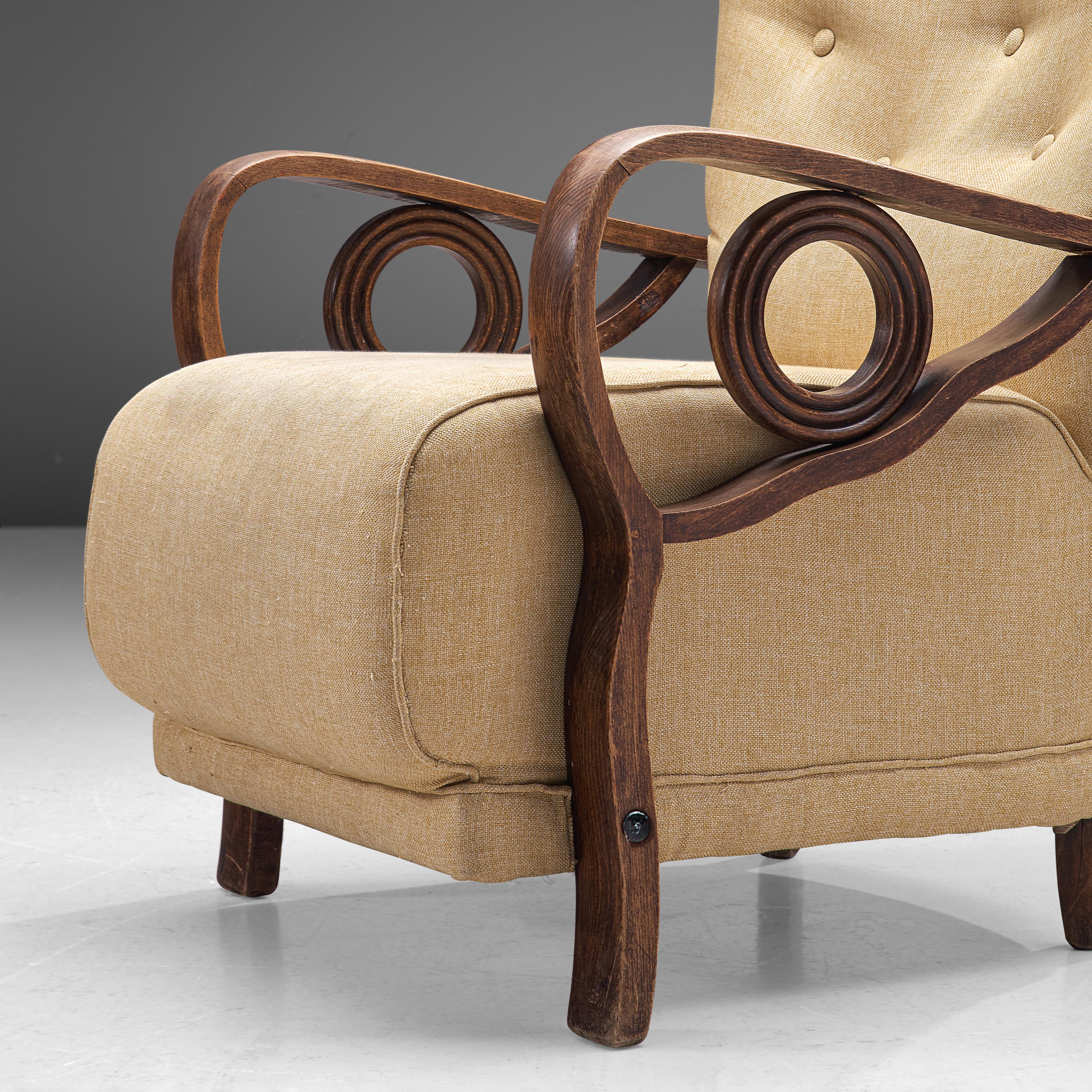 French Pair of Art Deco Lounge Chairs in Oak and Fabric