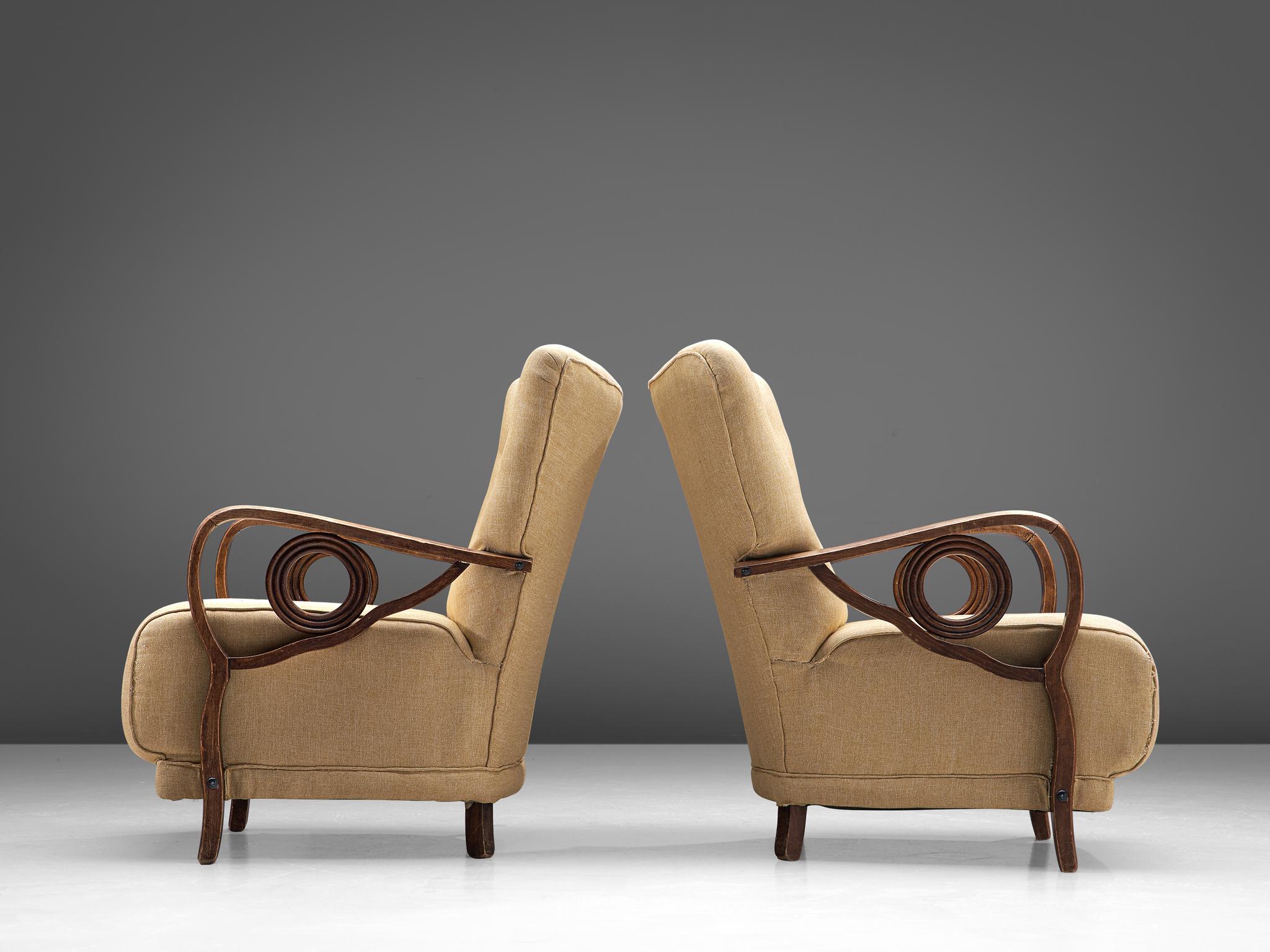 Pair of Art Deco Lounge Chairs in Oak and Fabric In Fair Condition In Waalwijk, NL