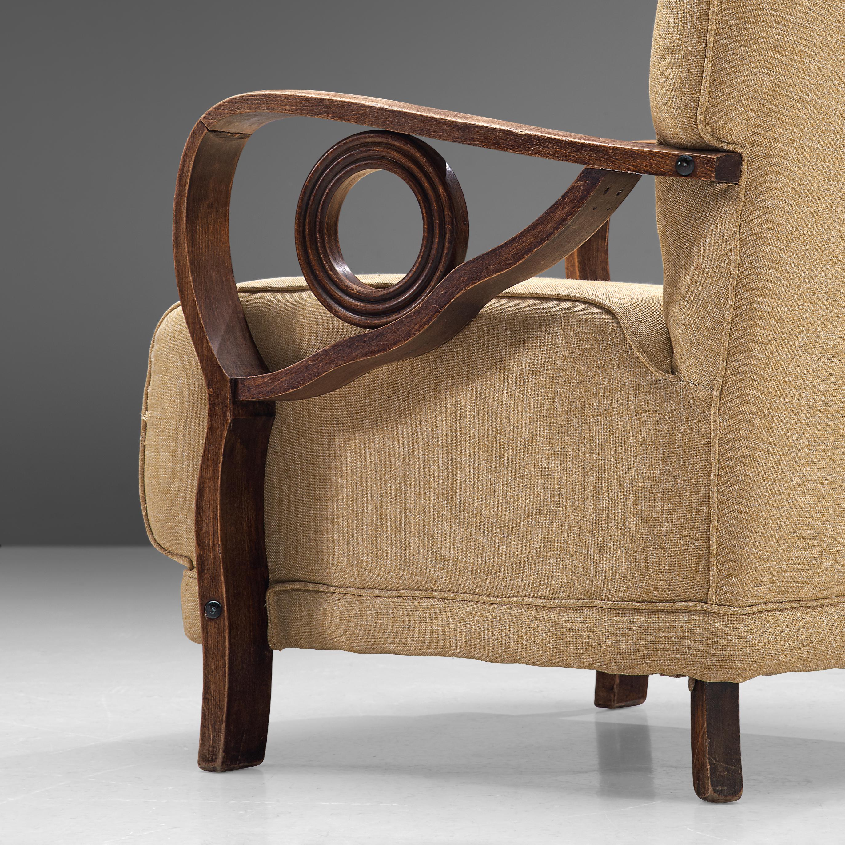 Mid-20th Century Pair of Art Deco Lounge Chairs in Oak and Fabric