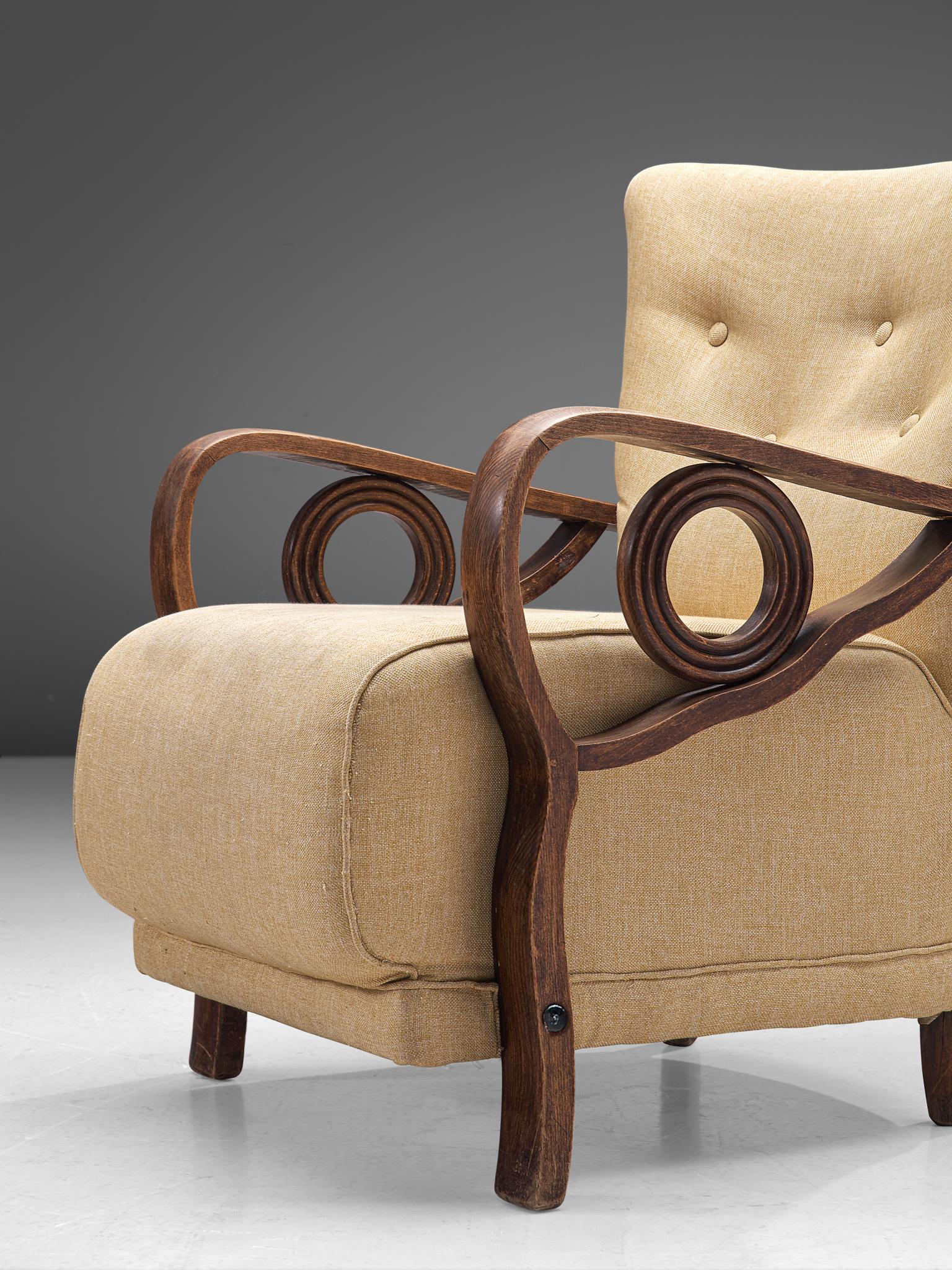 Pair of Art Deco Lounge Chairs in Oak and Fabric 1