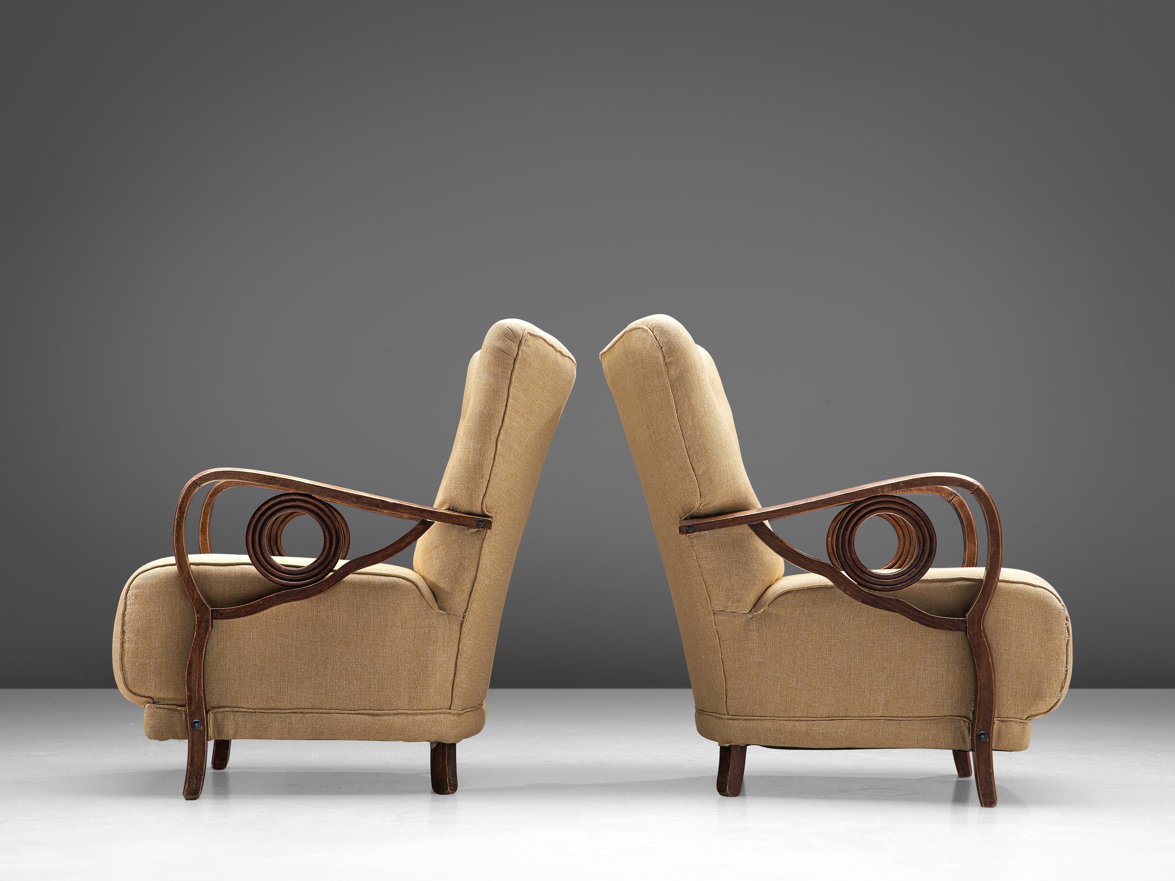 Pair of Art Deco Lounge Chairs in Oak and Fabric 1