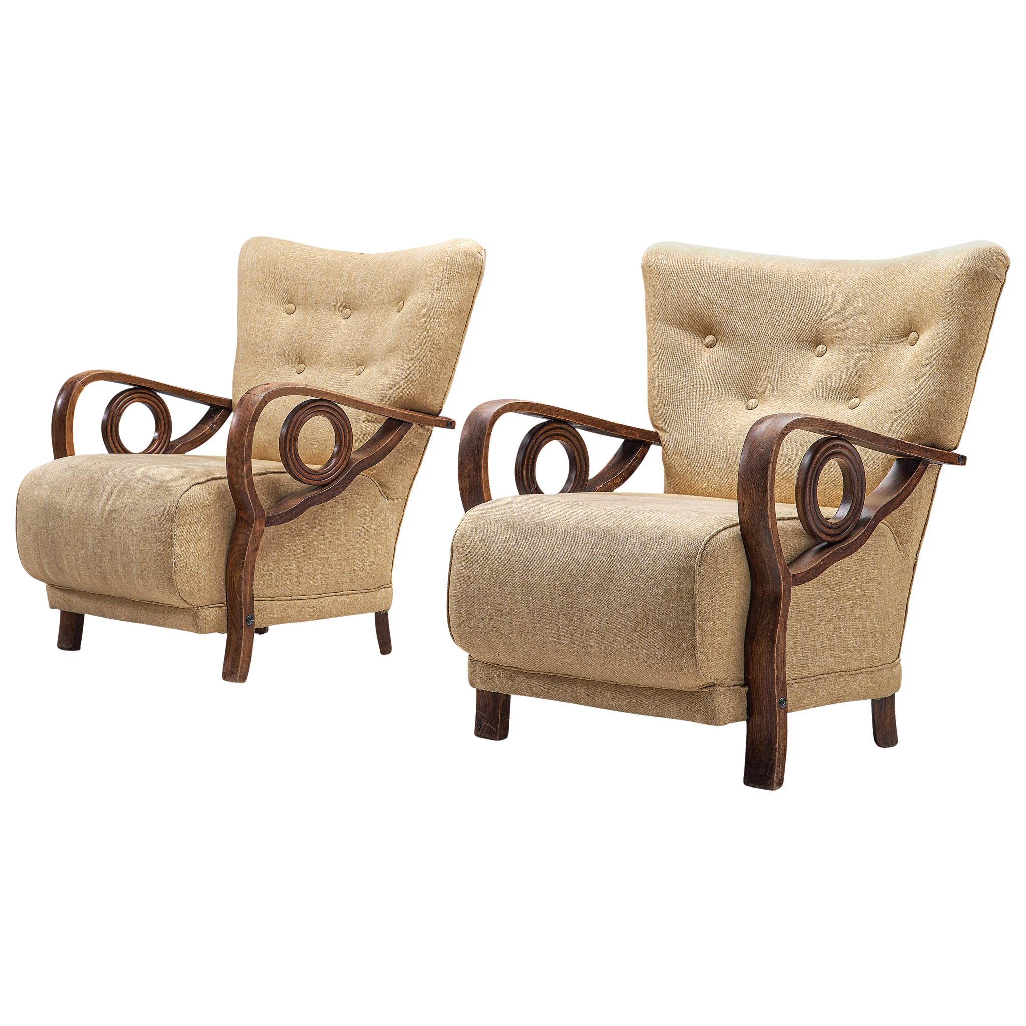 Pair of Art Deco Lounge Chairs in Oak and Fabric