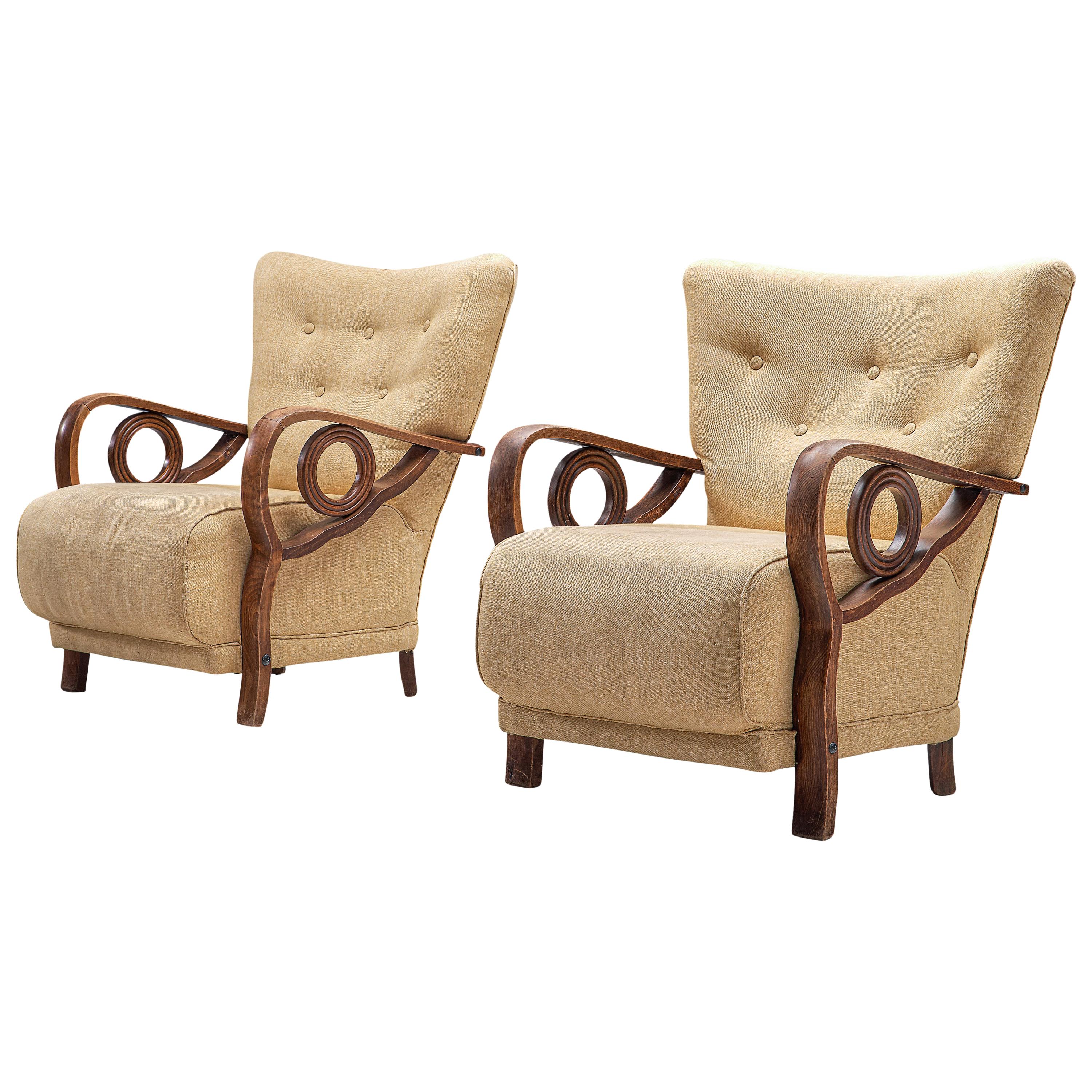 Pair of Art Deco Lounge Chairs in Oak and Fabric
