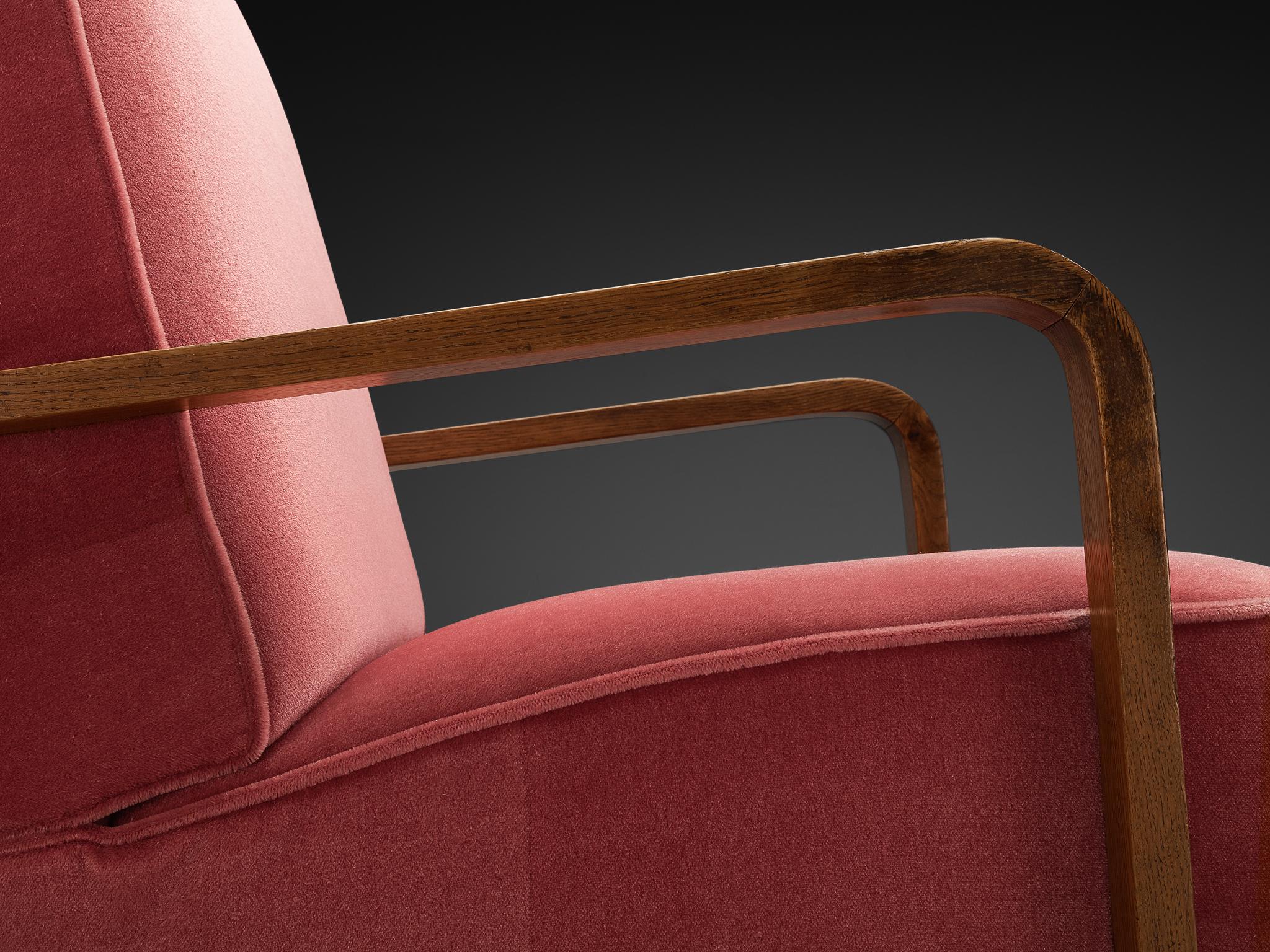Paar Art Deco Lounge Chairs aus Eiche und rosa Samt im Angebot 2