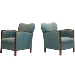 Pair of Art Deco Lounge Chairs in Oak and Soft Turquoise Fabric