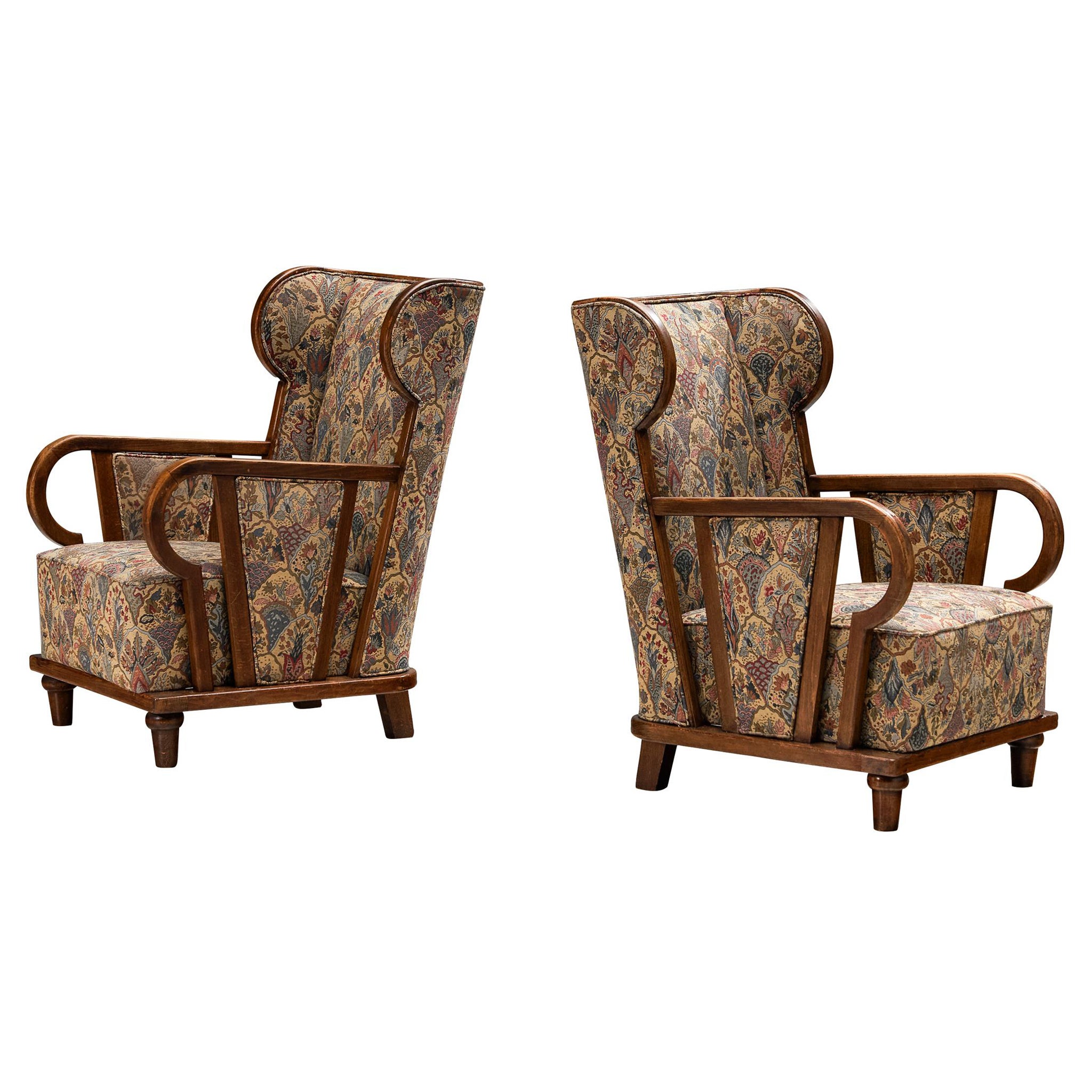 Pair of Art Deco Lounge Chairs in Patterned Fabric For Sale