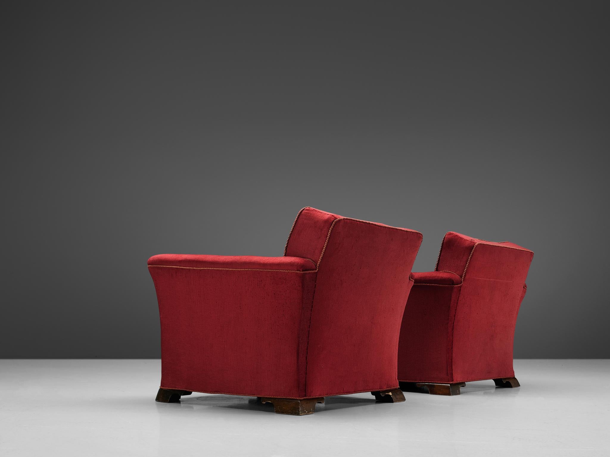 Danish Pair of Art Deco Lounge Chairs in Red Velours