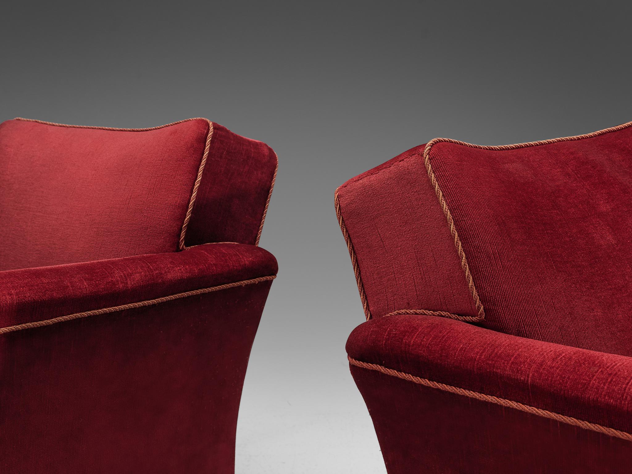 Velvet Danish Pair of Art Deco Lounge Chairs in Red Velours