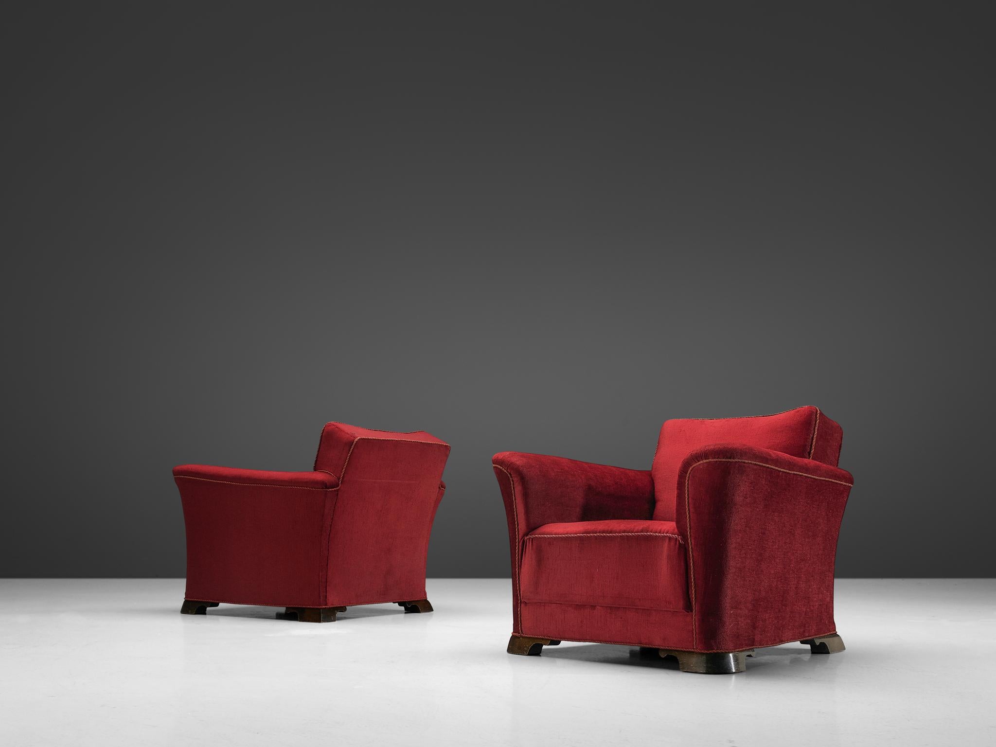 Danish Pair of Art Deco Lounge Chairs in Red Velours 1
