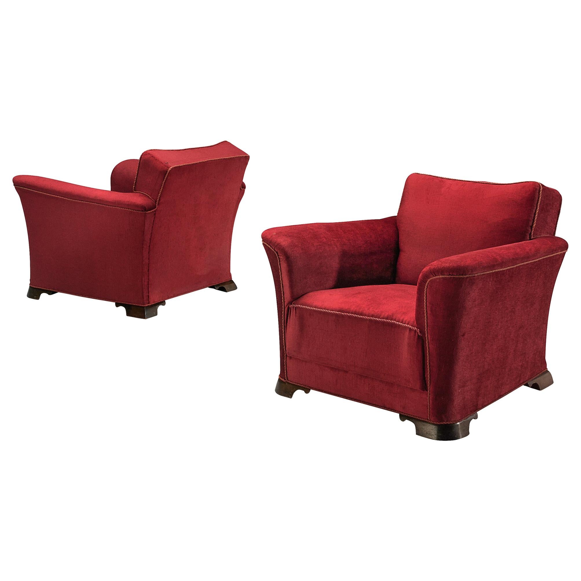 Pair of Art Deco Lounge Chairs in Red Velours