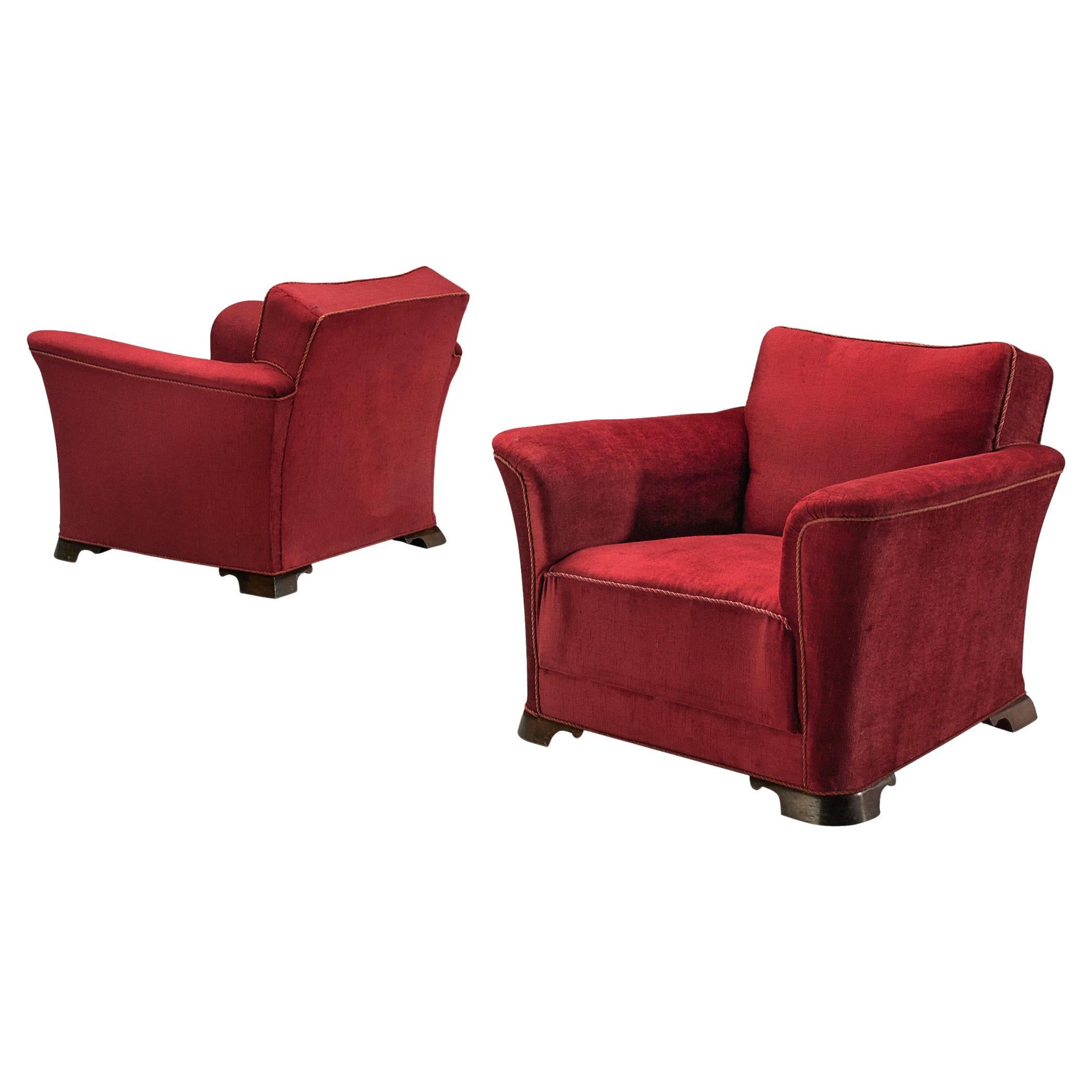 Danish Pair of Art Deco Lounge Chairs in Red Velours
