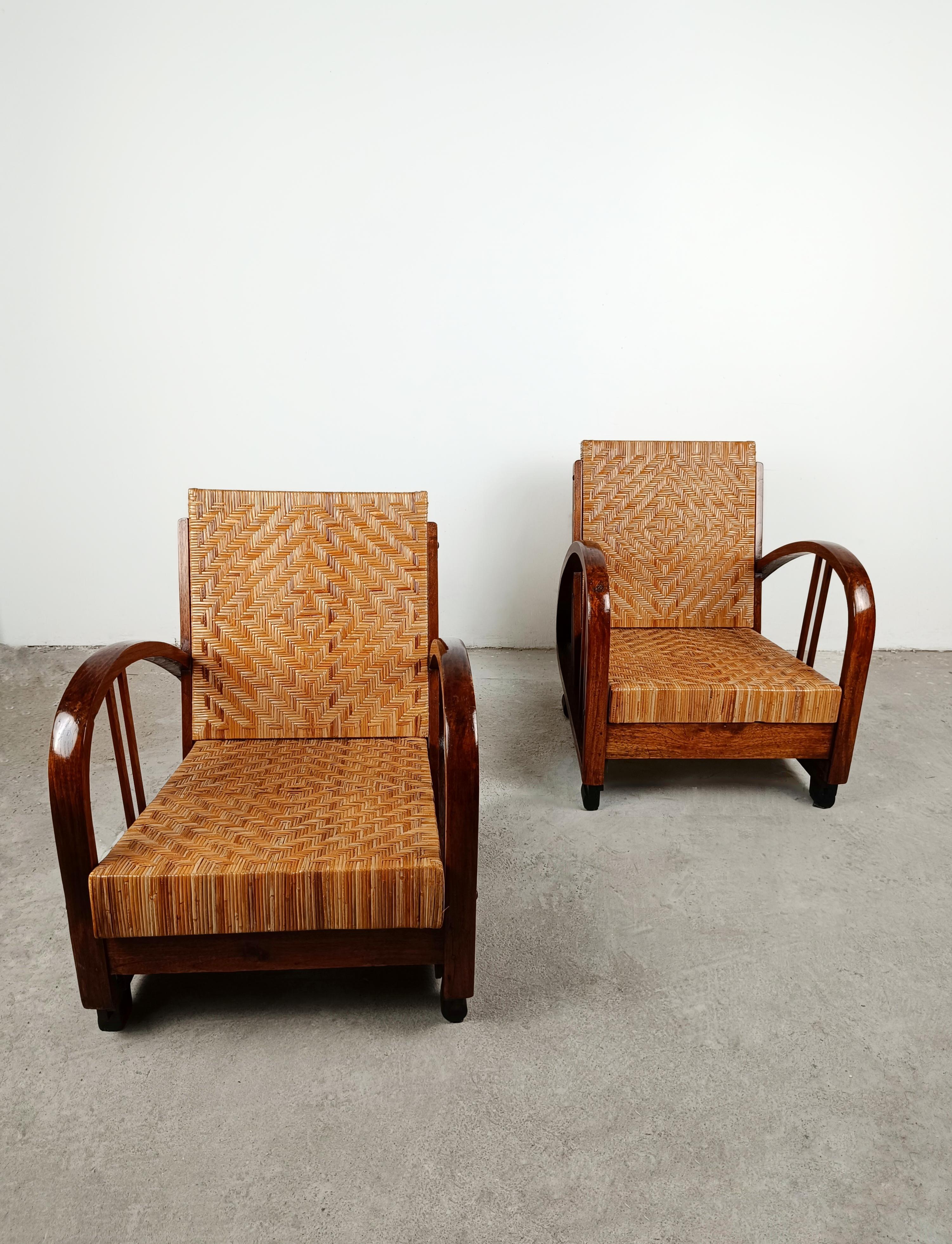 Pair of Art Deco Lounge Chairs in Teak and Cane in the Style of Francis Jourdain For Sale 5