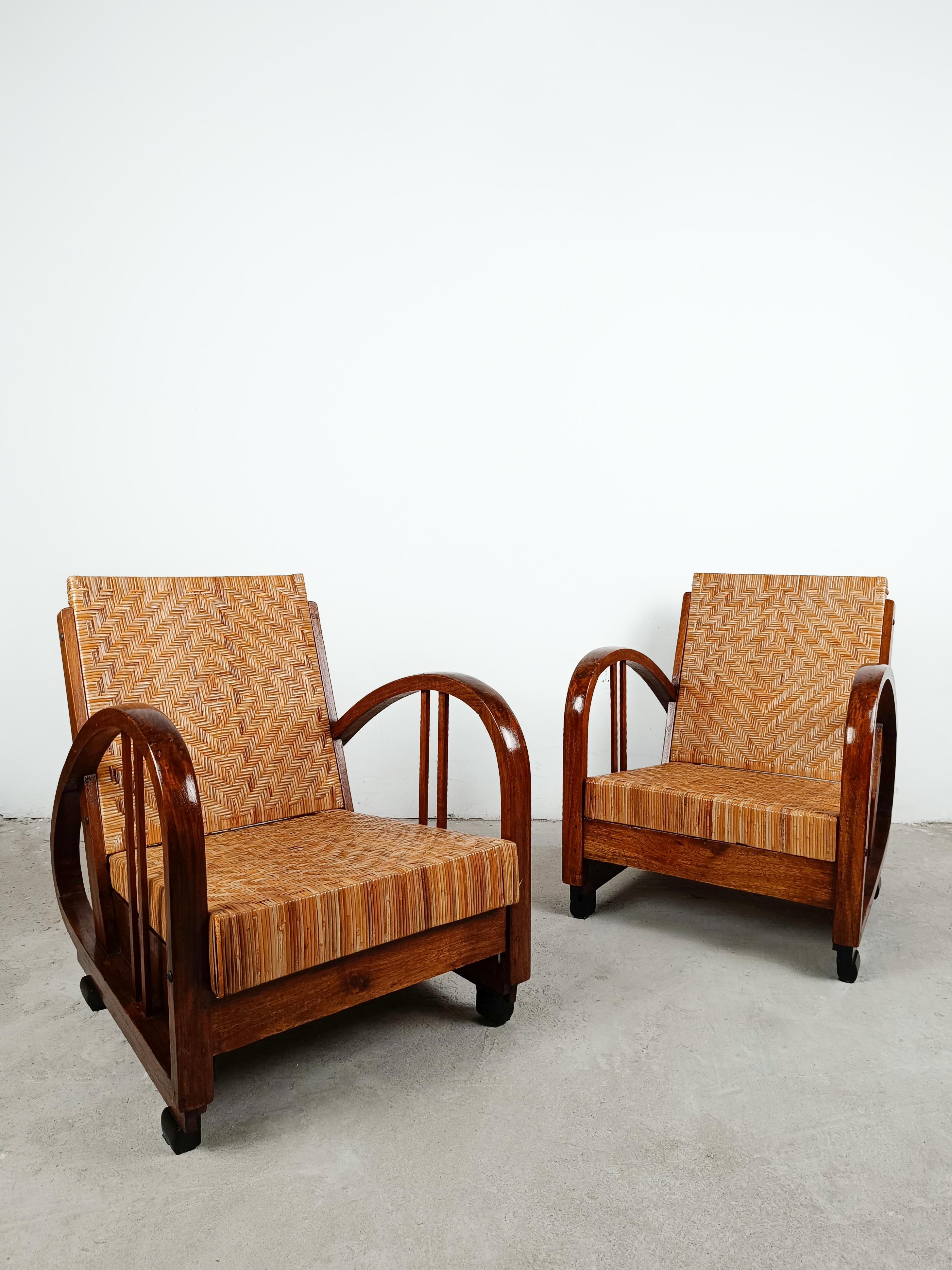 Pair of Art Deco Lounge Chairs in Teak and Cane in the Style of Francis Jourdain For Sale 13