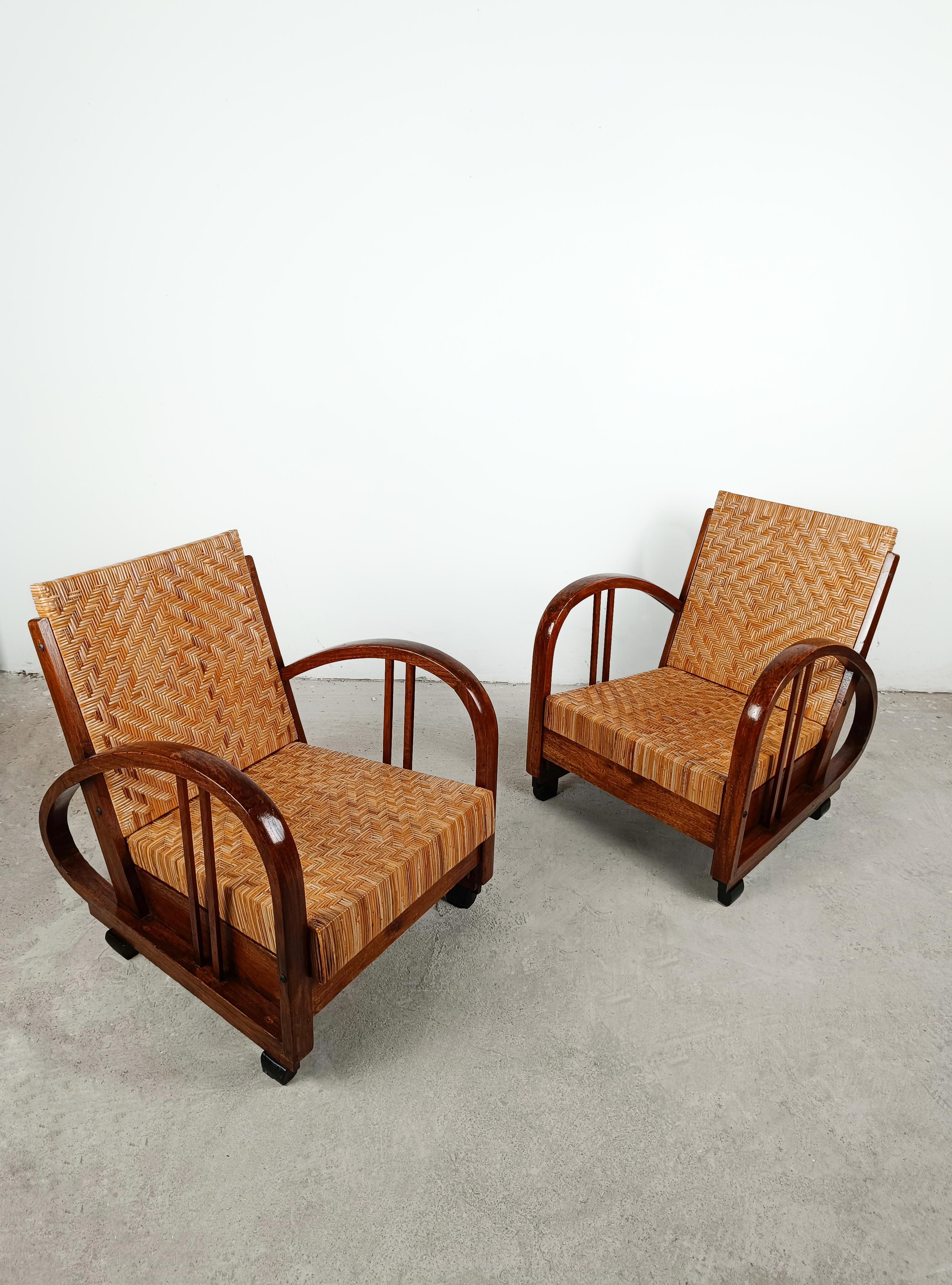 20th Century Pair of Art Deco Lounge Chairs in Teak and Cane in the Style of Francis Jourdain For Sale