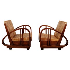 Coppia di sedie da salotto Art Déco in teak e canna nello stile di Francis Jourdain