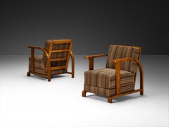 Pair of Art Deco Lounge Chairs in Walnut and Striped Fabric