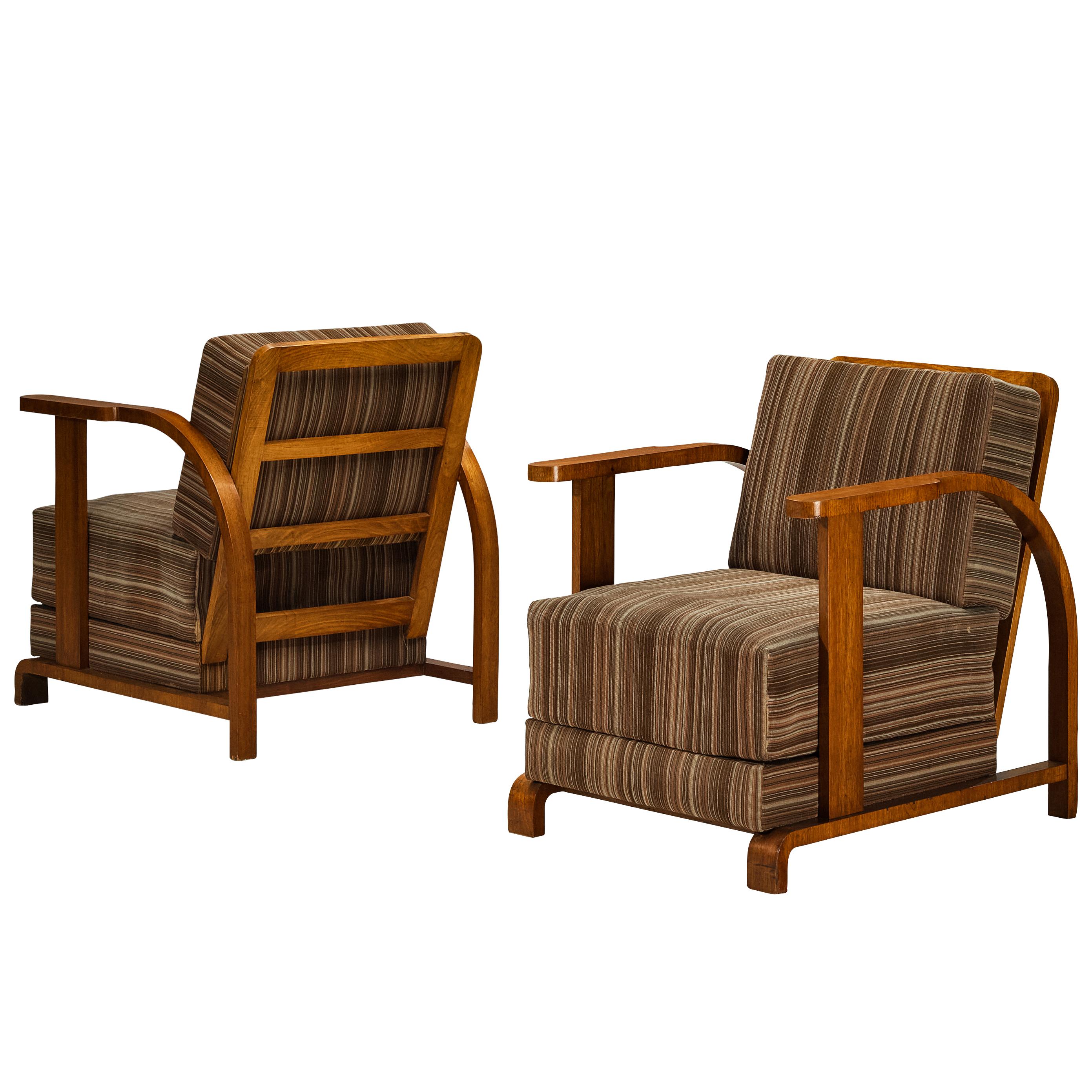 Pair of Art Deco Lounge Chairs in Walnut and Striped Fabric For Sale