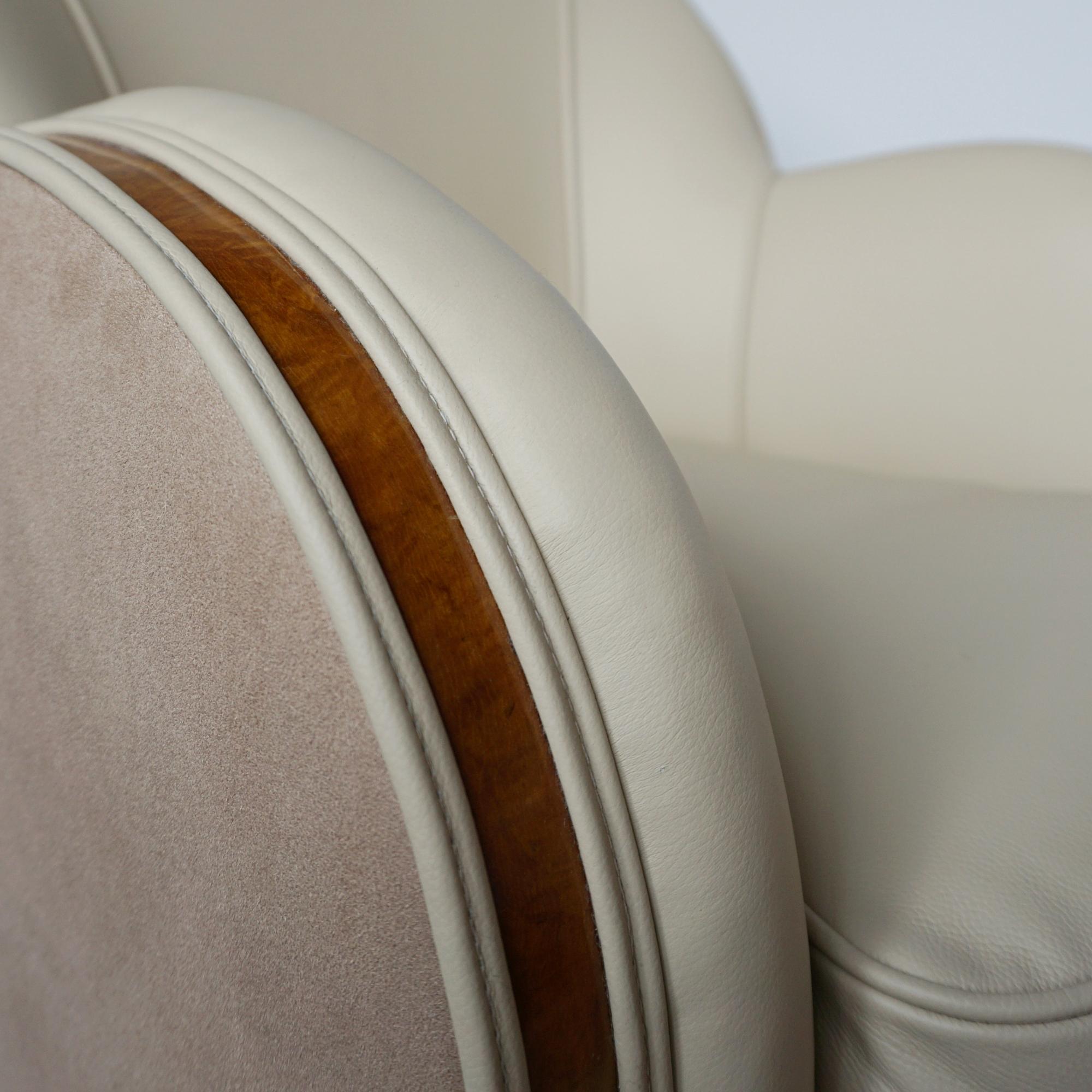 Pair of Art Deco Lounge Chairs With Burr Walnut and Cream Leather Re-upholstery 5