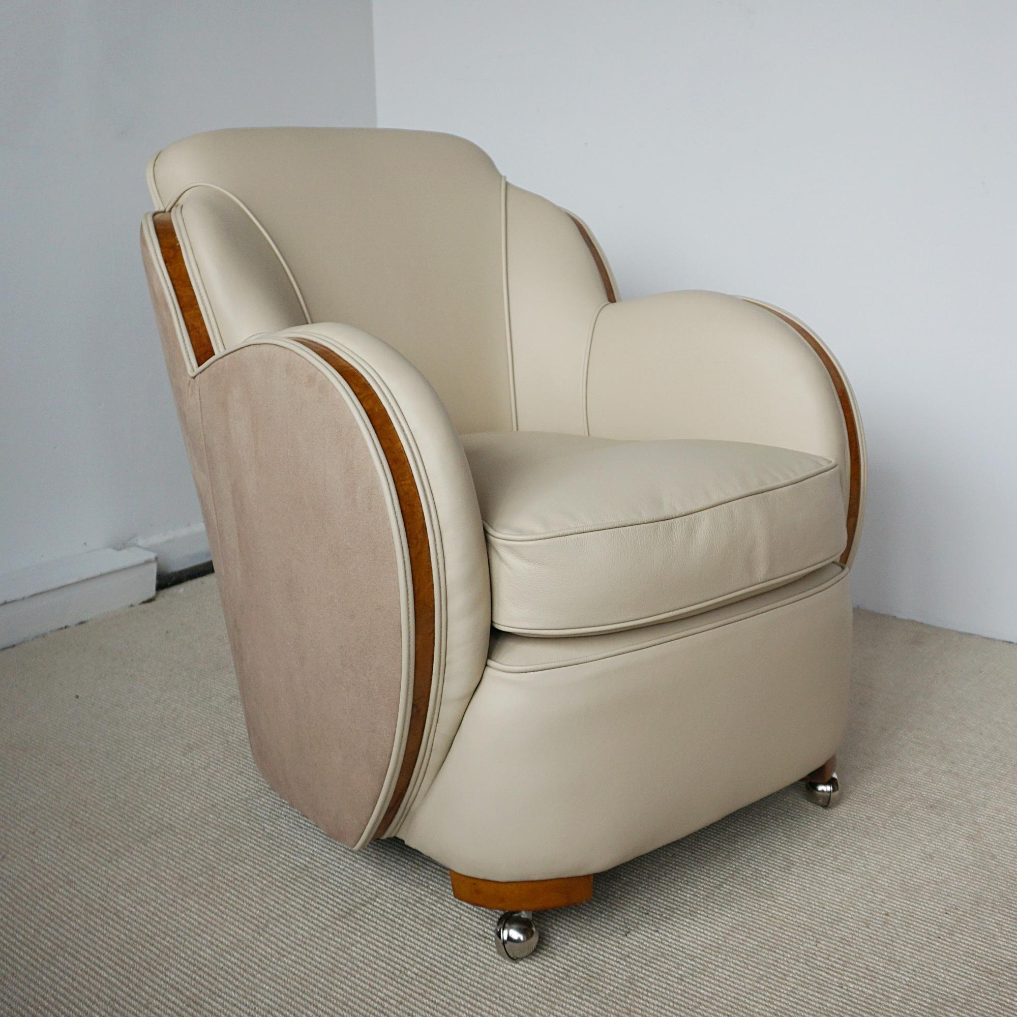 English Pair of Art Deco Lounge Chairs With Burr Walnut and Cream Leather Re-upholstery