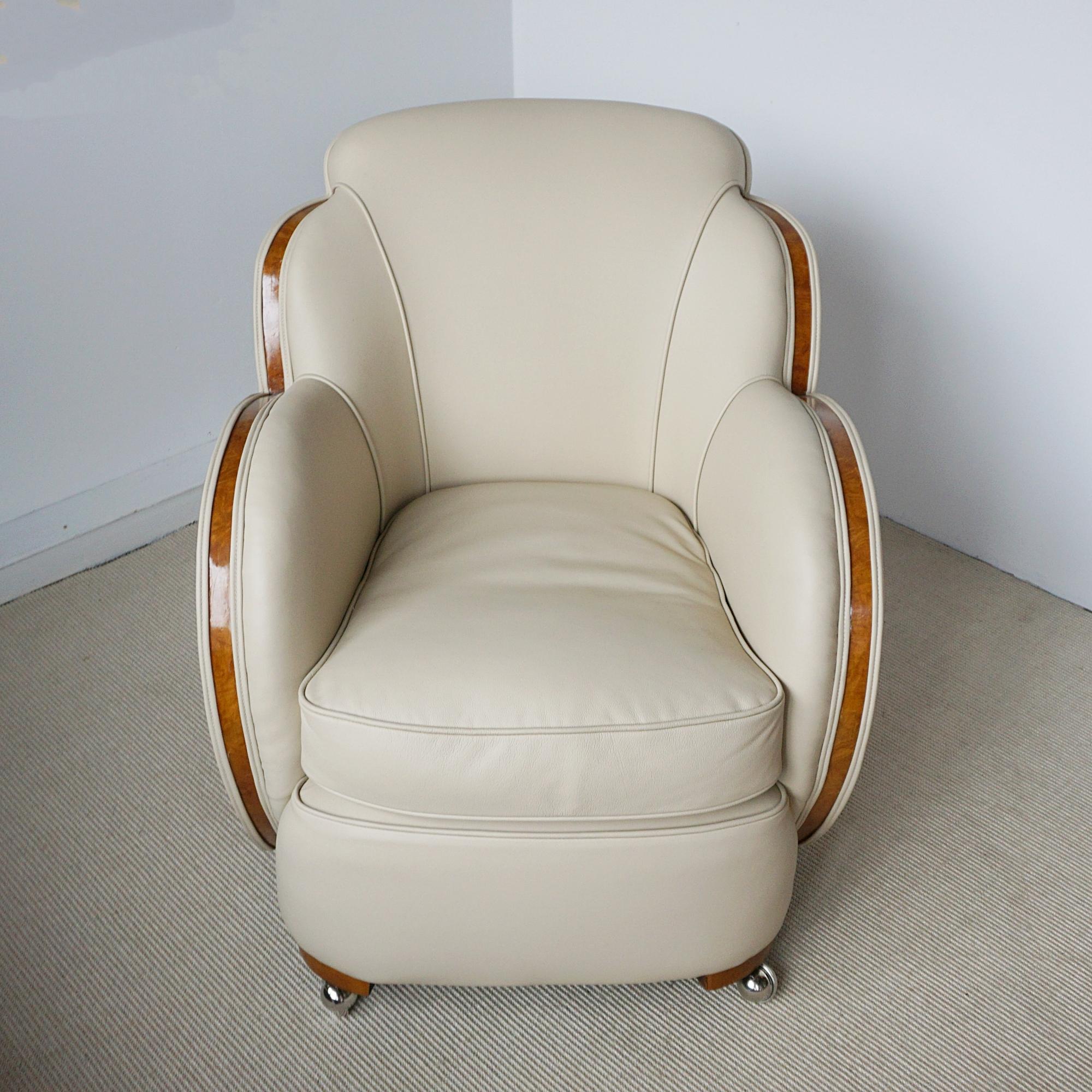 Pair of Art Deco Lounge Chairs With Burr Walnut and Cream Leather Re-upholstery In Excellent Condition In Forest Row, East Sussex