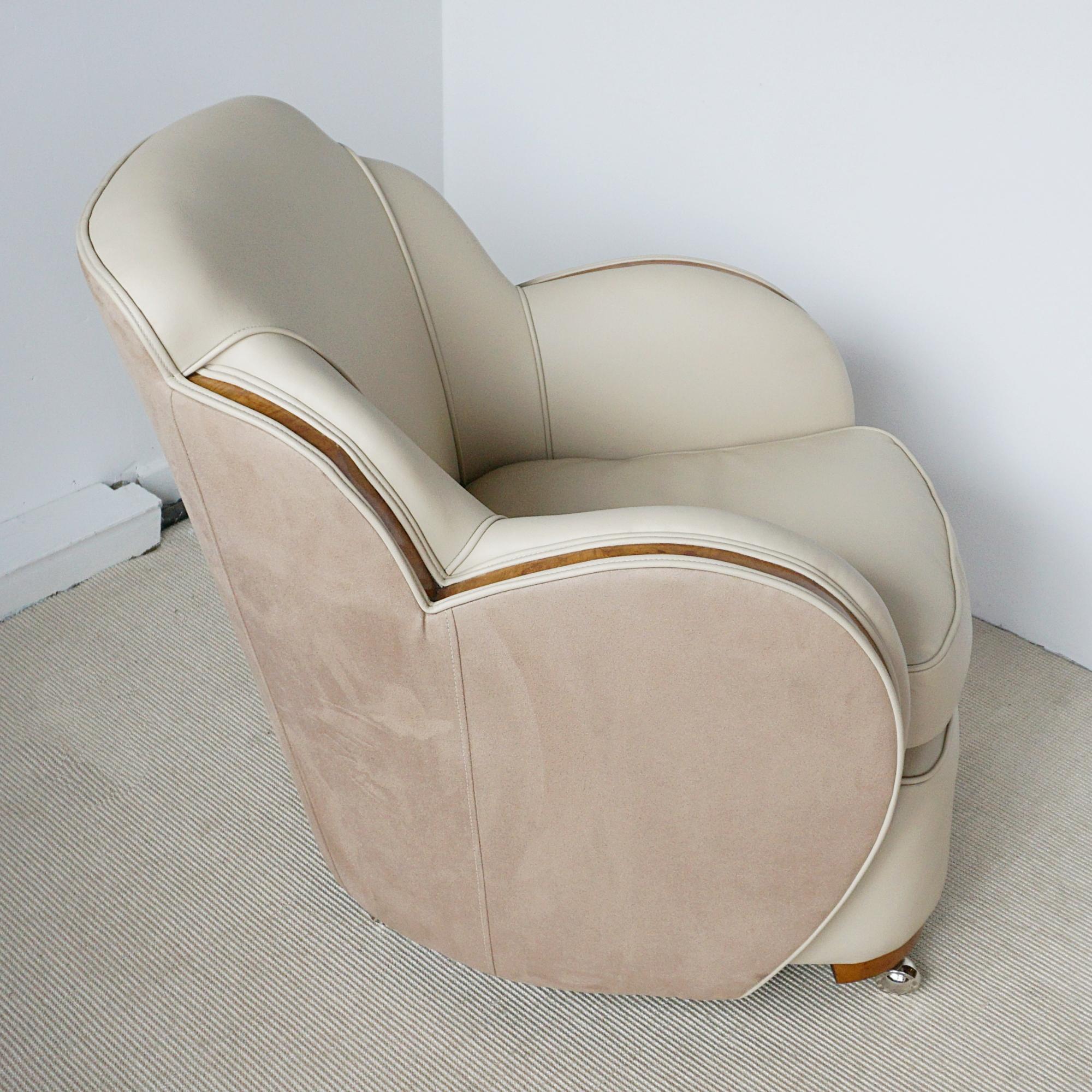 Early 20th Century Pair of Art Deco Lounge Chairs With Burr Walnut and Cream Leather Re-upholstery