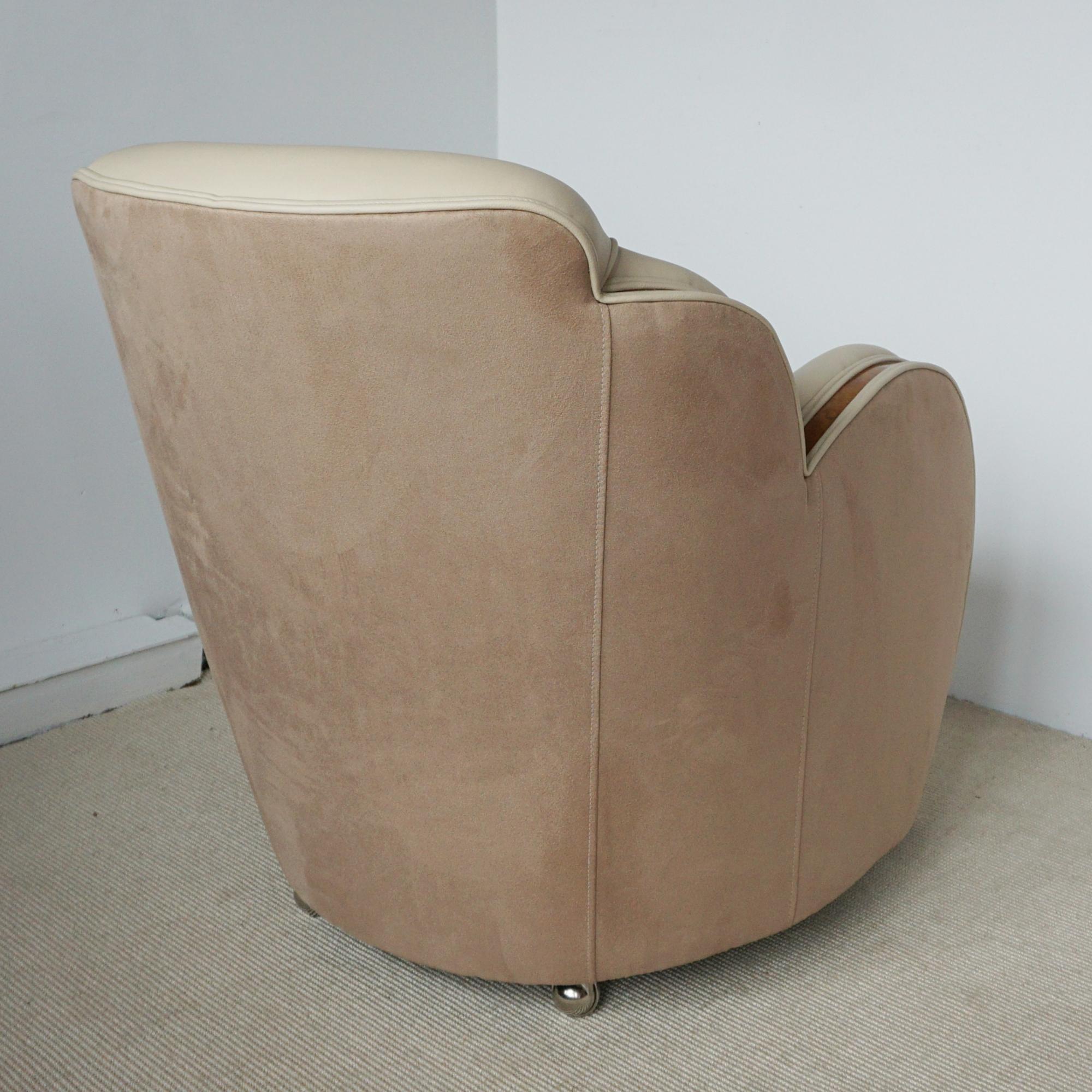 Pair of Art Deco Lounge Chairs With Burr Walnut and Cream Leather Re-upholstery 1