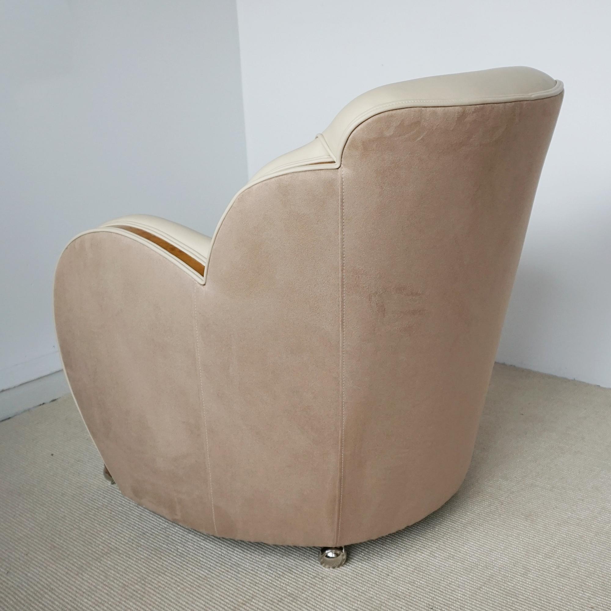 Pair of Art Deco Lounge Chairs With Burr Walnut and Cream Leather Re-upholstery 2