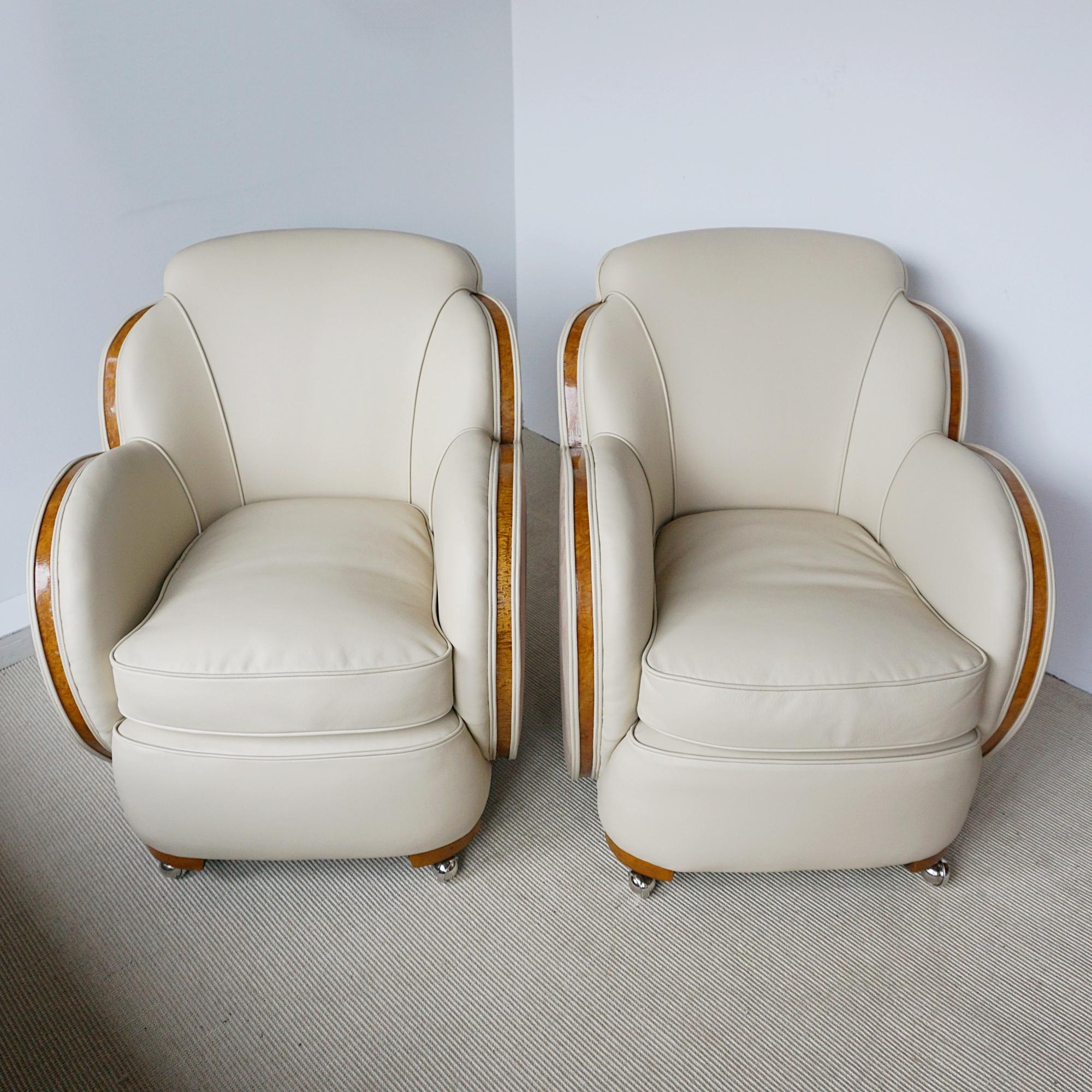 Pair of Art Deco Lounge Chairs With Burr Walnut and Cream Leather Re-upholstery 3