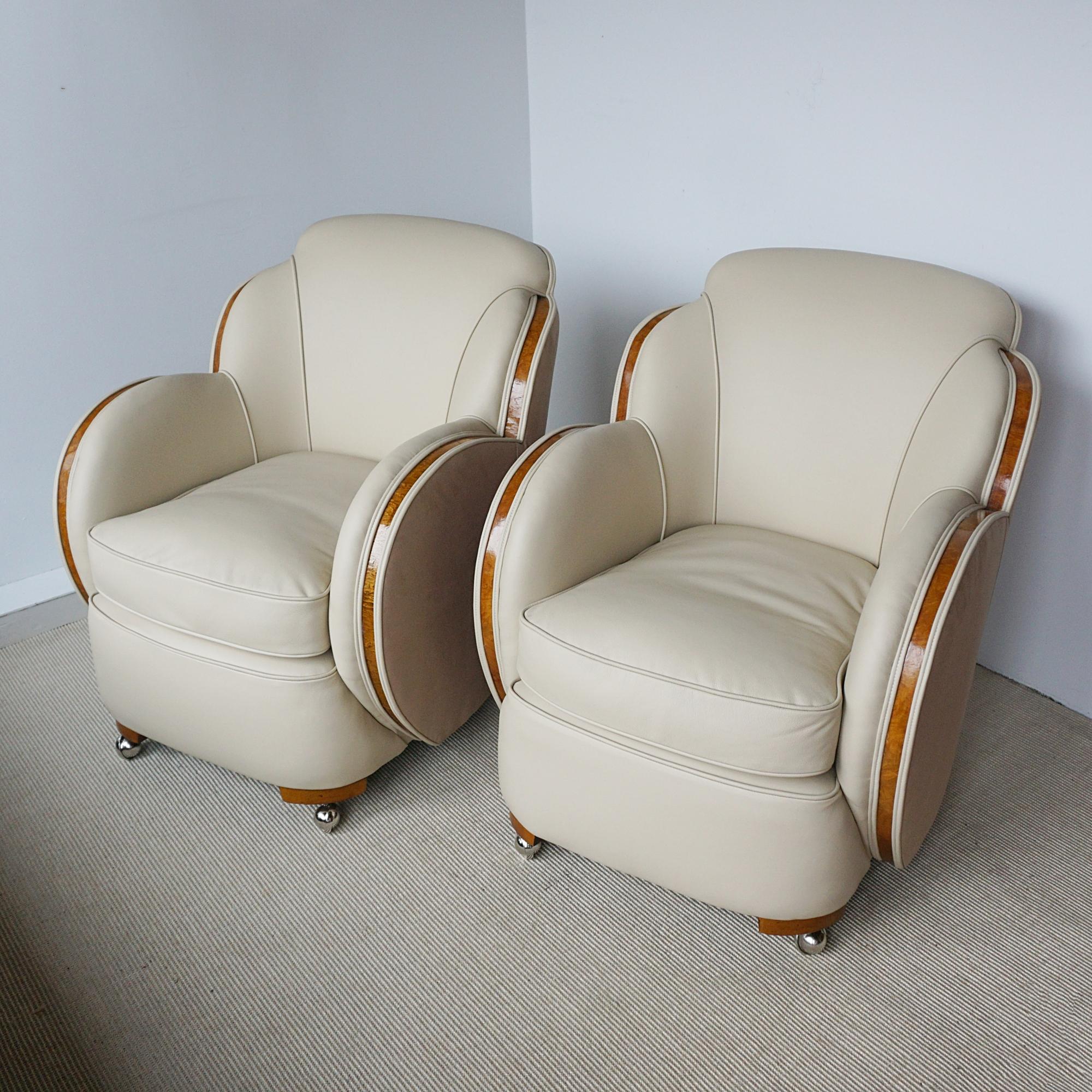 Pair of Art Deco Lounge Chairs With Burr Walnut and Cream Leather Re-upholstery 4