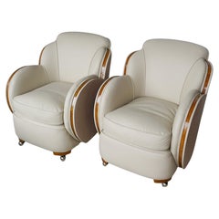 Pair of Art Deco Lounge Chairs With Burr Walnut and Cream Leather Re-upholstery