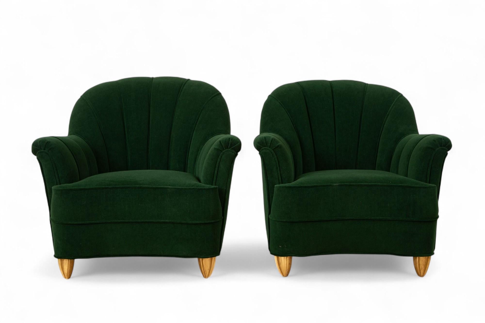 Pair of Art Deco Lounge Chairs with Green Mohair Channel Back, Italy In Excellent Condition For Sale In Miami, FL