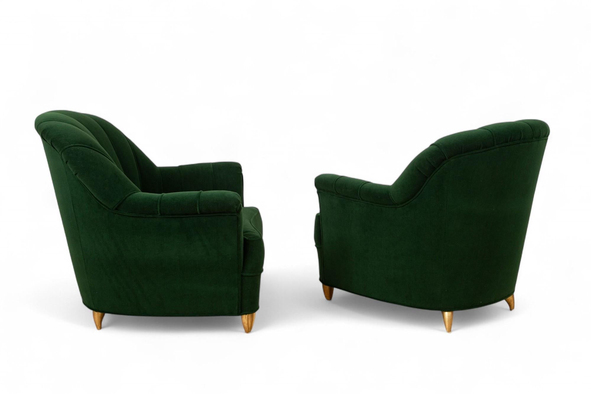 Pair of Art Deco Lounge Chairs with Green Mohair Channel Back, Italy For Sale 1