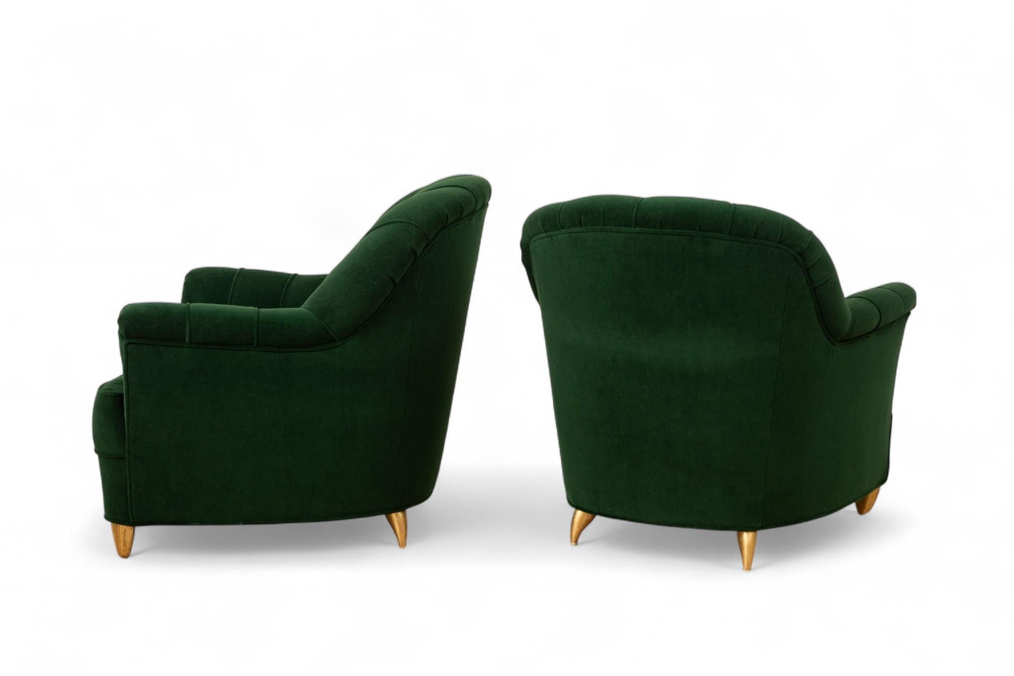 Pair of Art Deco Lounge Chairs with Green Mohair Channel Back, Italy For Sale 2