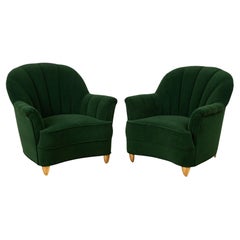 Pair of Art Deco Lounge Chairs with Green Mohair Channel Back, Italy
