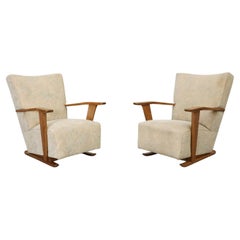Pair of Art Deco Lounge Chairs with Upholstered Body and Oak Frames, 1920s