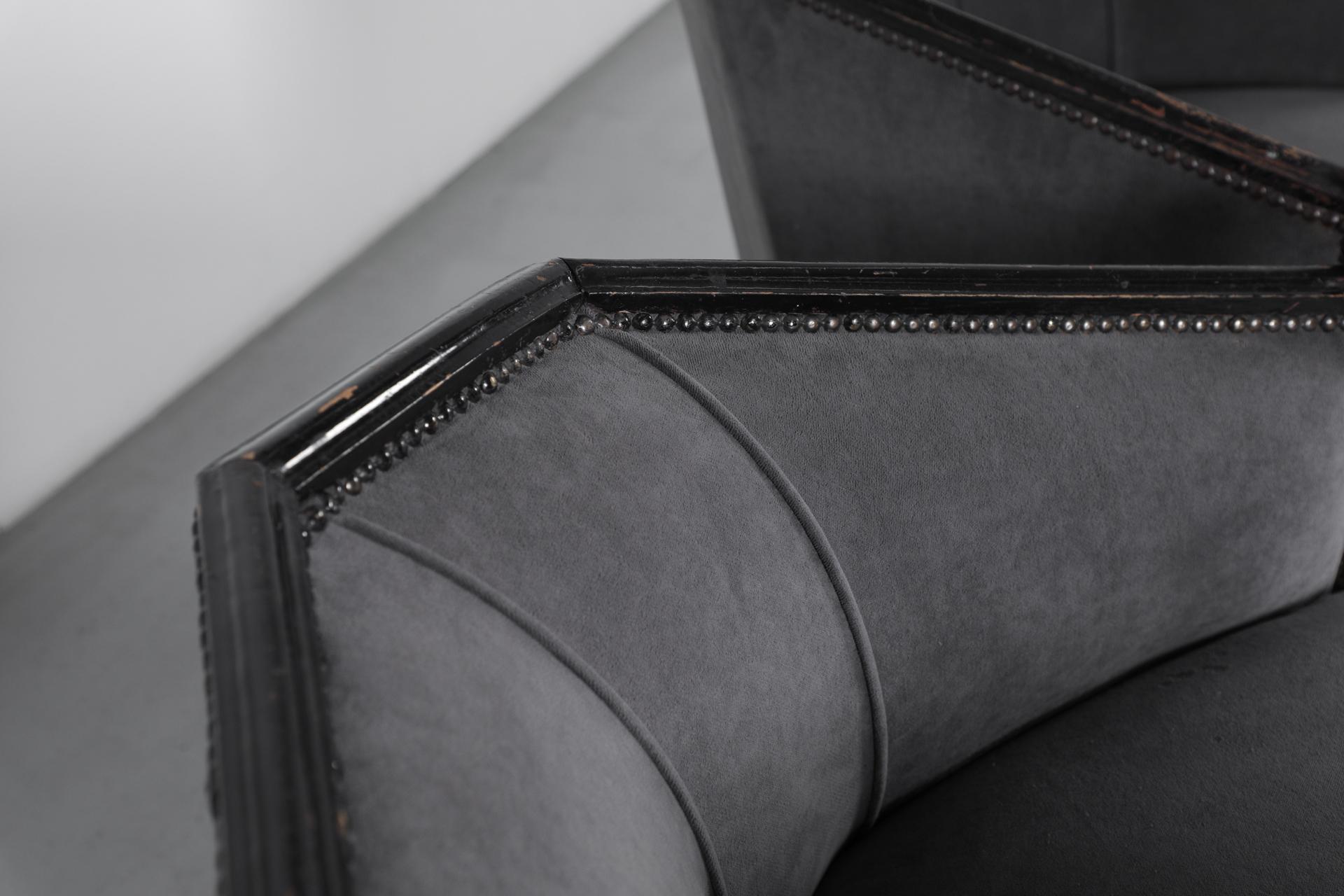 Pair of Art Deco Lounge Chairs with Upholstered Frame and Black Carved Wood en vente 9