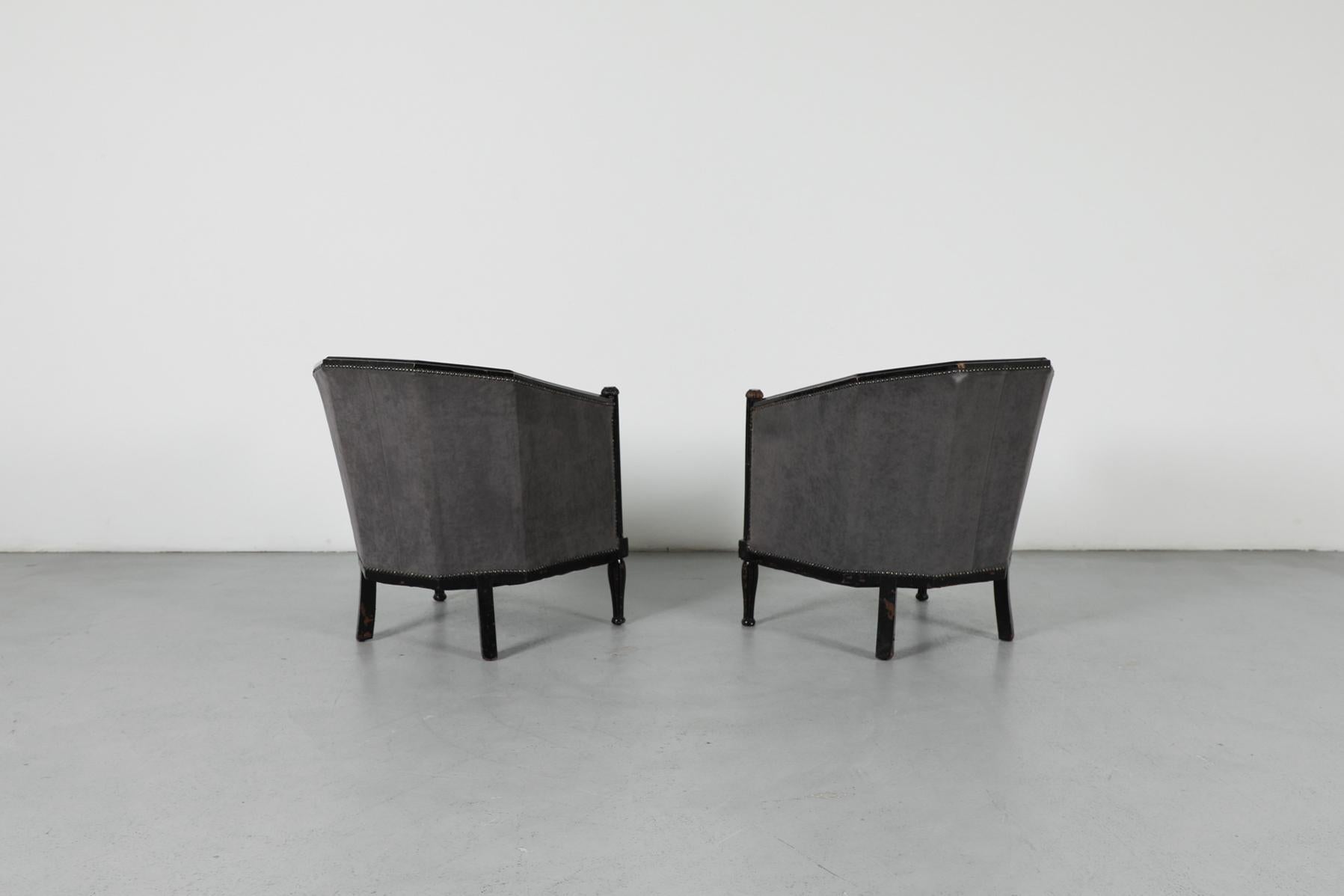 Néerlandais Pair of Art Deco Lounge Chairs with Upholstered Frame and Black Carved Wood en vente