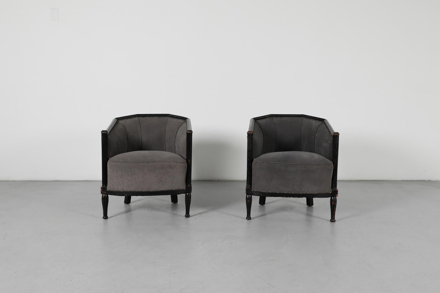 Pair of Art Deco Lounge Chairs with Upholstered Frame and Black Carved Wood Bon état - En vente à Los Angeles, CA