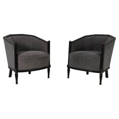 Pair of Art Deco Lounge Chairs with Upholstered Frame and Black Carved Wood